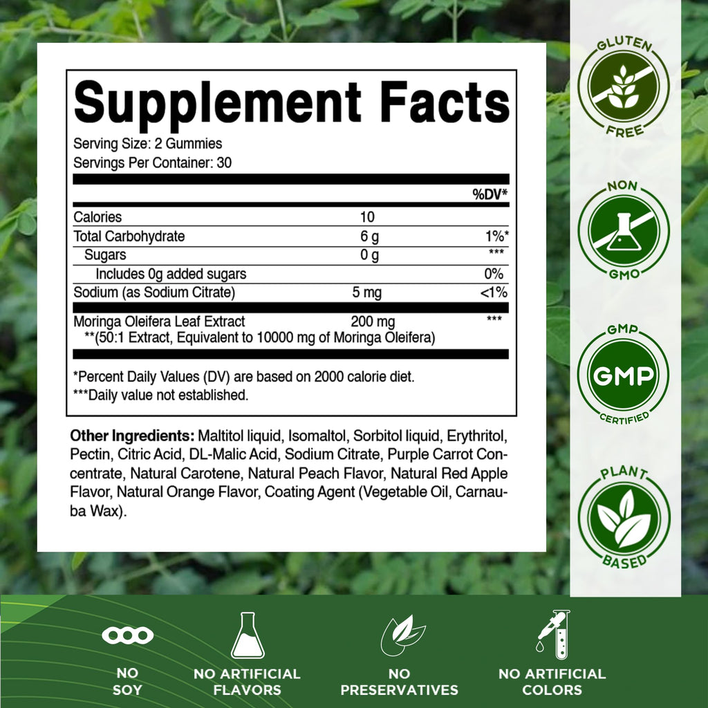Vitamatic 2 Packs Sugar Free Moringa Gummies – 10,000 mg/Serving, Pectin-Based