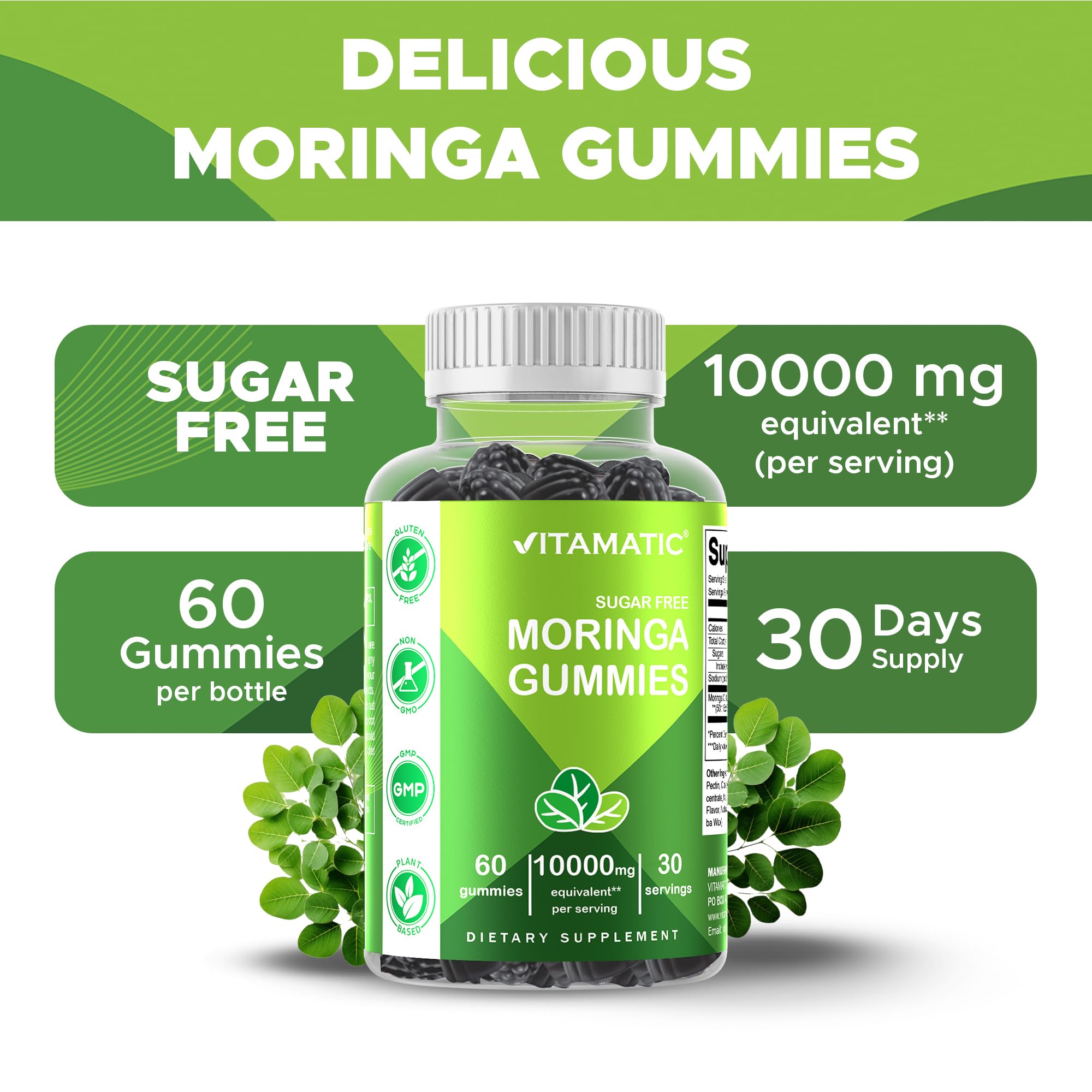 Vitamatic Sugar Free Moringa Gummies – 10,000 mg per Serving (50:1 Extract) | 60 Vegan Gummies | No Sugar Added
