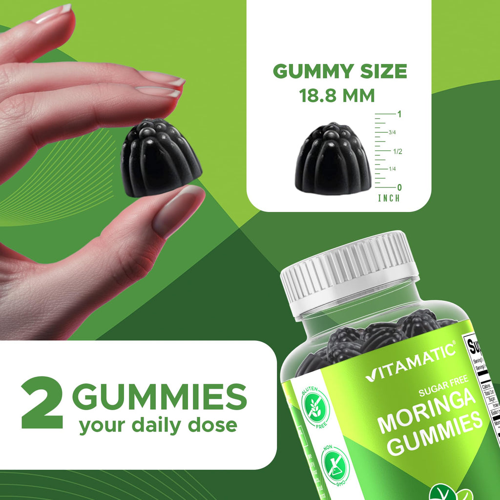Vitamatic Sugar Free Moringa Gummies – 10,000 mg per Serving (50:1 Extract) | 60 Vegan Gummies | No Sugar Added