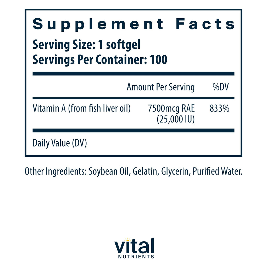 Vital Nutrients Vitamin A 7500mcg RAE – Immune, Vision, Skin Support | 100 Capsules