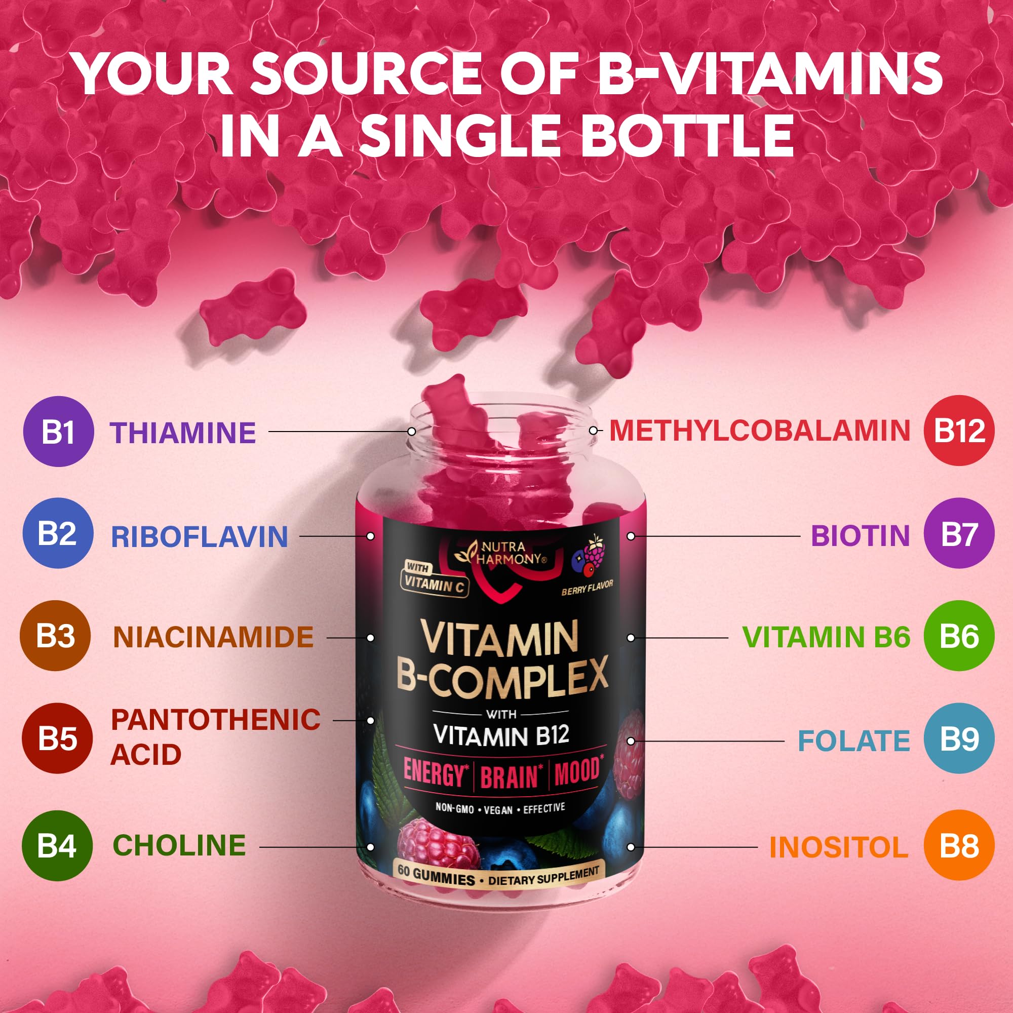 Vitamin B-Complex Gummies for Women & Men - B1-B12 + Vitamin C & Choline - Berry Flavor, Vegan (60 Gummies)