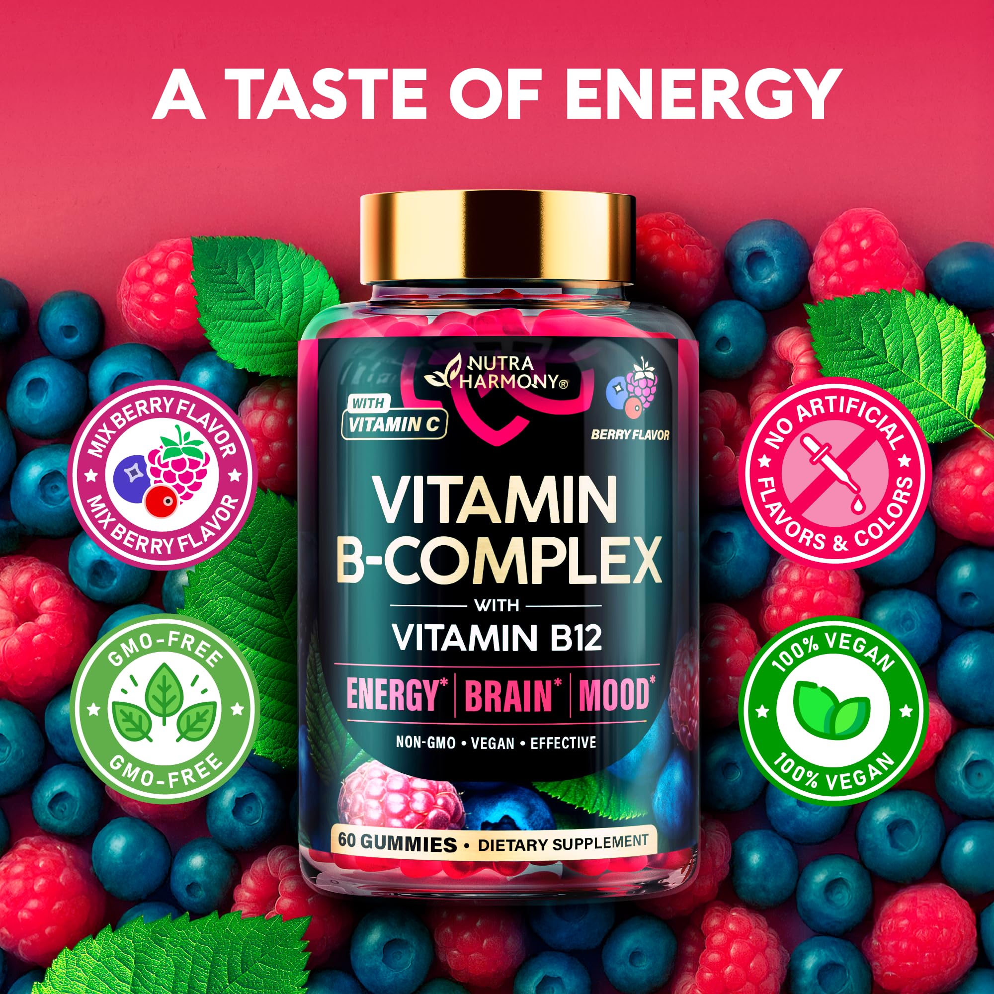 Vitamin B-Complex Gummies for Women & Men - B1-B12 + Vitamin C & Choline - Berry Flavor, Vegan (60 Gummies)