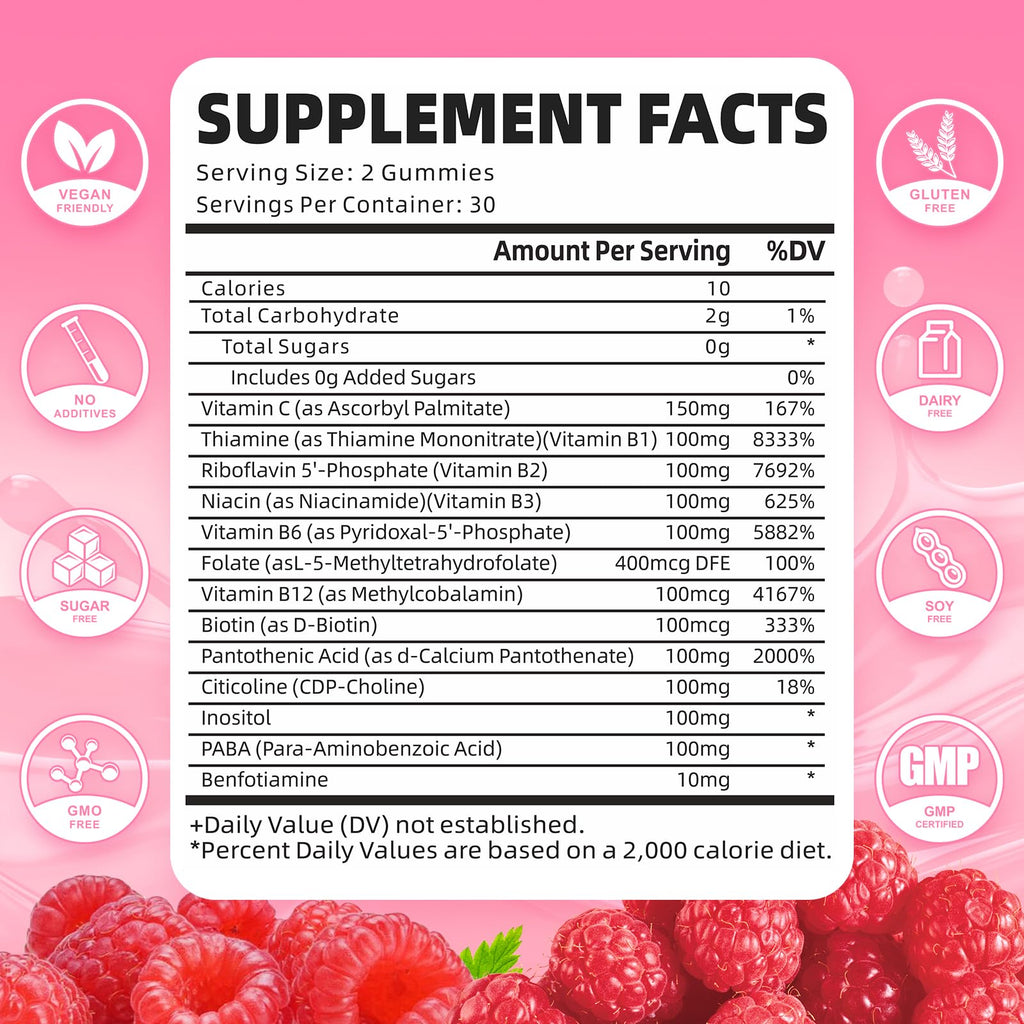 Vitamin B Complex Gummies – All B Vitamins + Methyl B12 | Energy & Immune Support | Raspberry Flavor (60 Count)