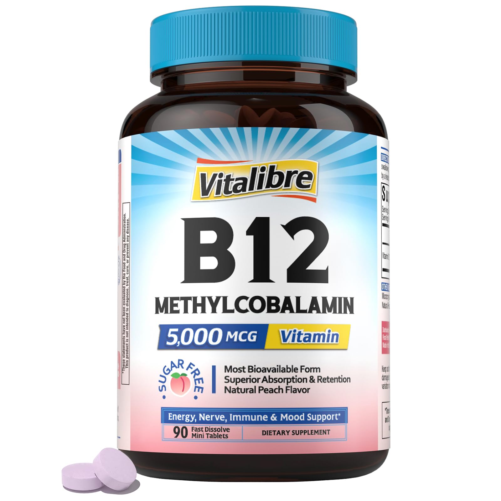 Vitamin B12 Sublingual 5000 mcg – Vegan Methylcobalamin, Peach Flavor
