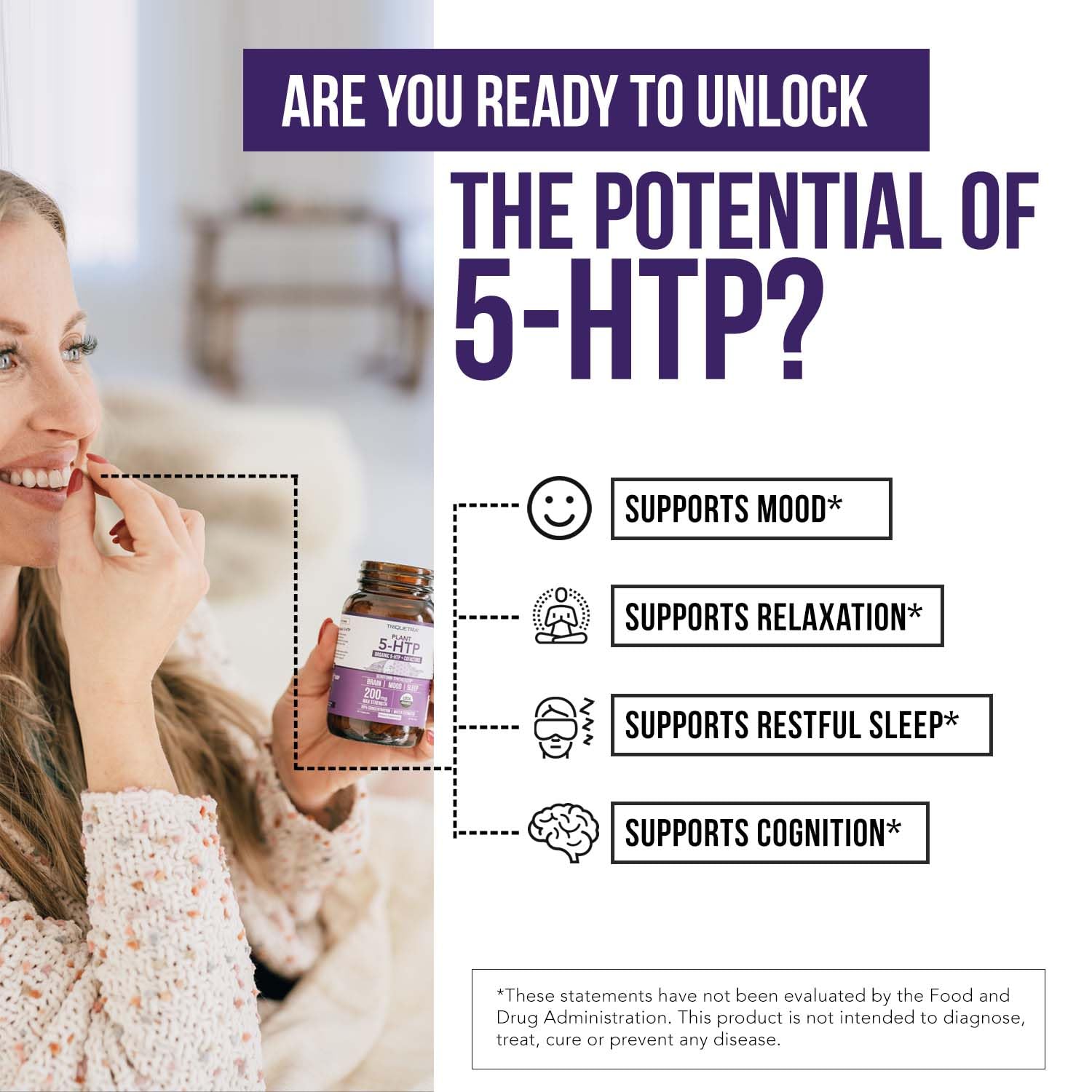 Organic 5-HTP 200mg, 99% Purity, B6 & Lion's Mane – 60 Capsules