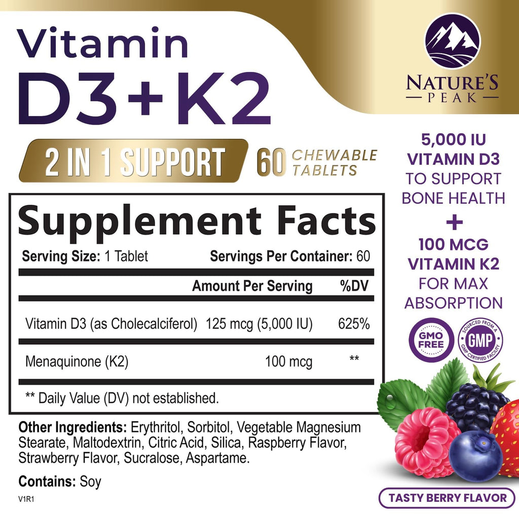Vitamin D3 K2 5000 IU – Berry Chewables 60 Tablets | Immune, Bone & Heart Health | Gluten Free, Non-GMO, USA Bottled