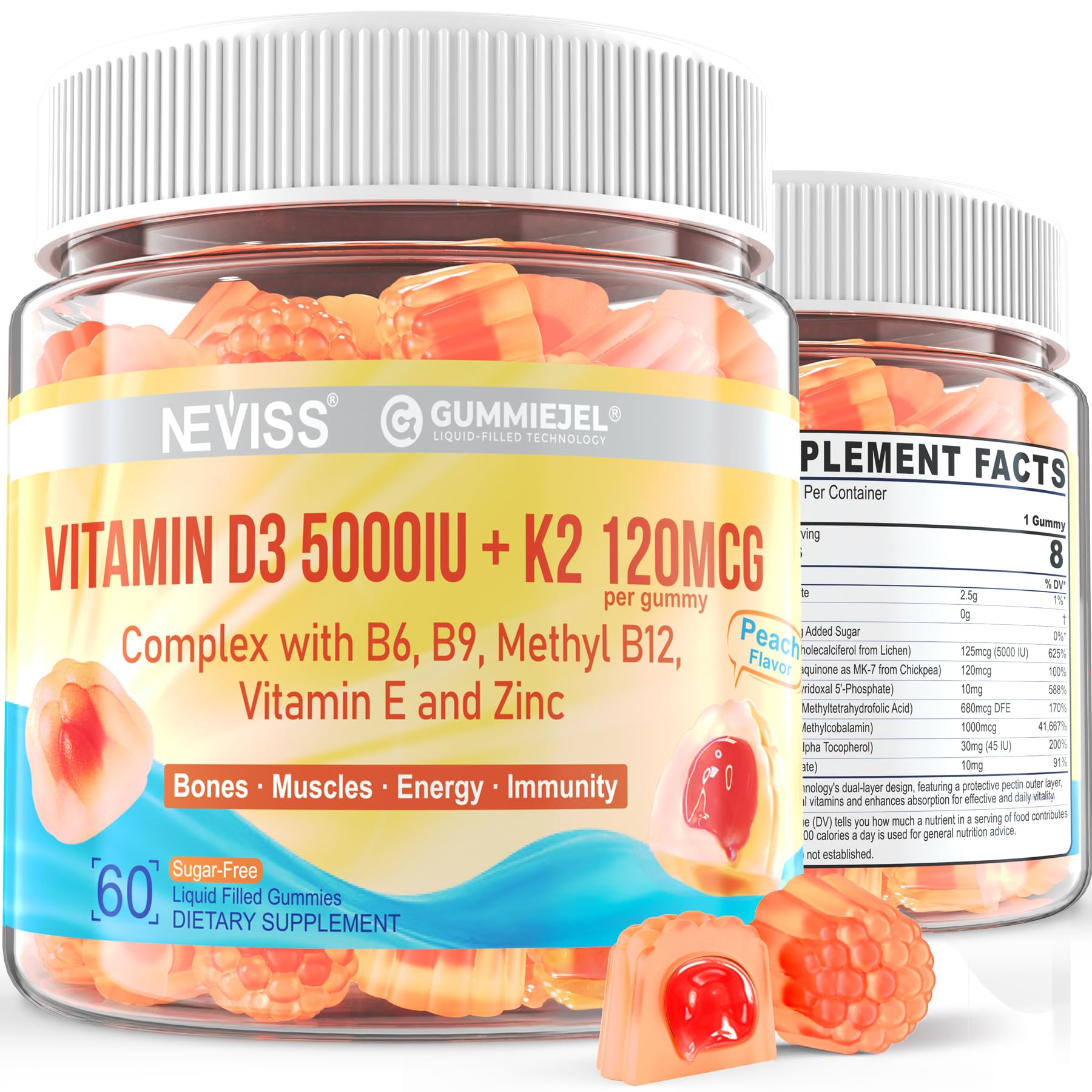 Vitamin D3 5000IU + K2 MK-7 Gummies – Sugar-Free, B Complex, Methyl B12 | 1 Pack