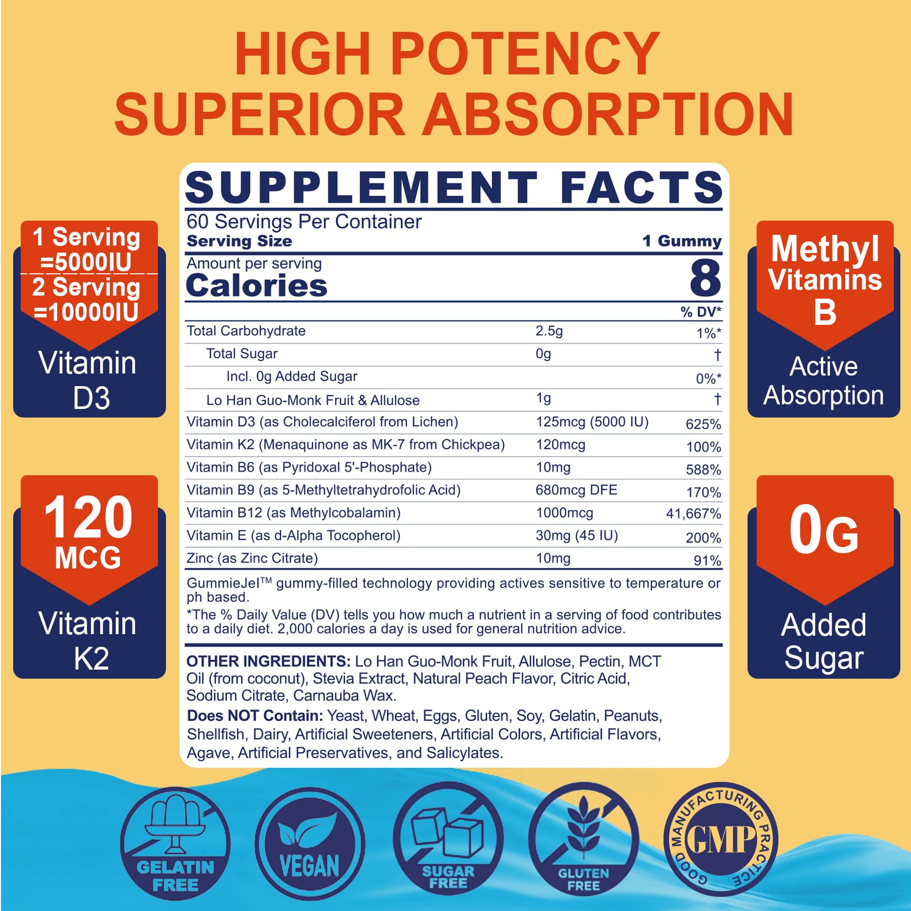 Vitamin D3 5000IU + K2 MK-7 Gummies – Sugar-Free, B Complex, Methyl B12 | 1 Pack