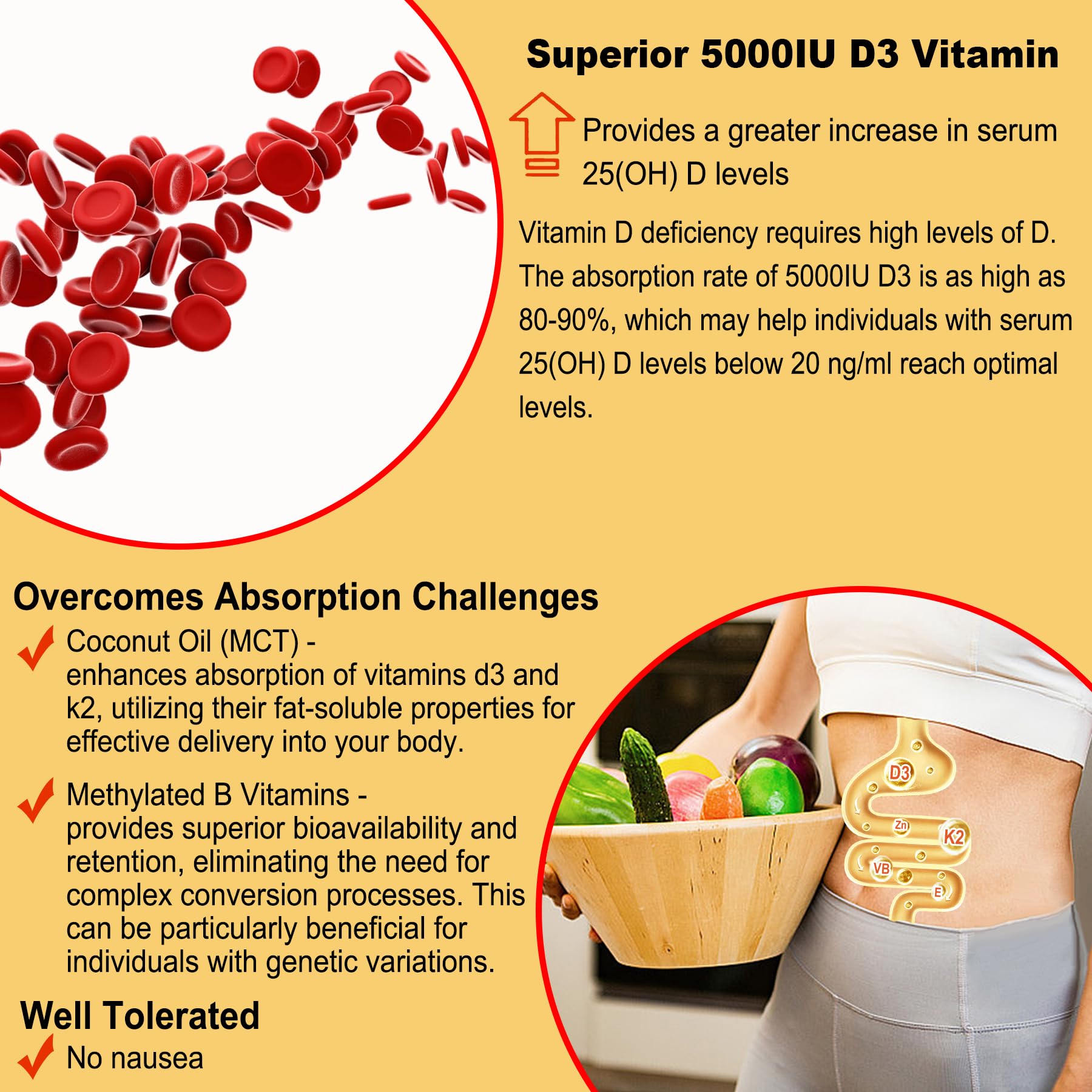 Vitamin D3 5000IU + K2 MK-7 Gummies – Sugar-Free, B Complex, Methyl B12 | 1 Pack