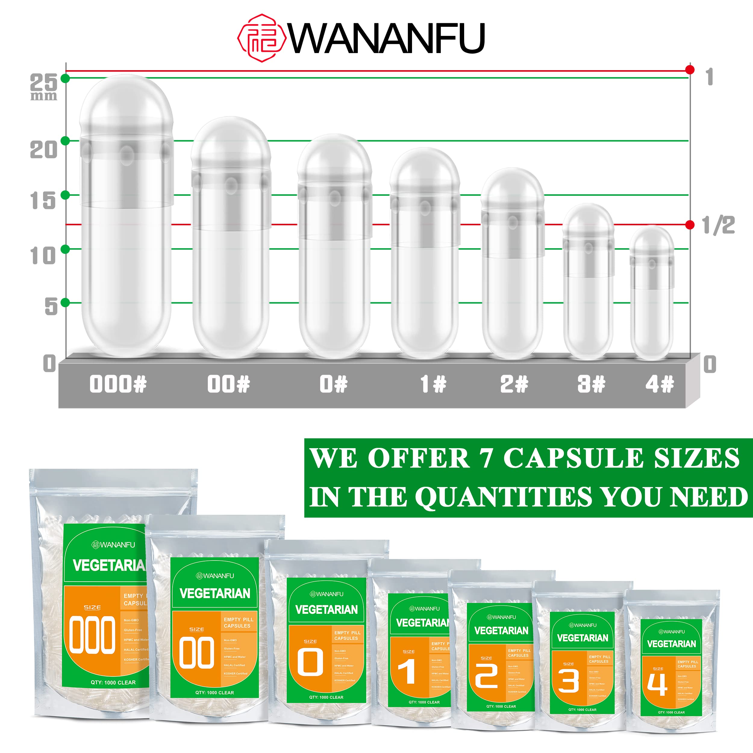 Wananfu Size 000 Vegetarian Empty Capsules (1000 Count) Bundle with Micro Spoon