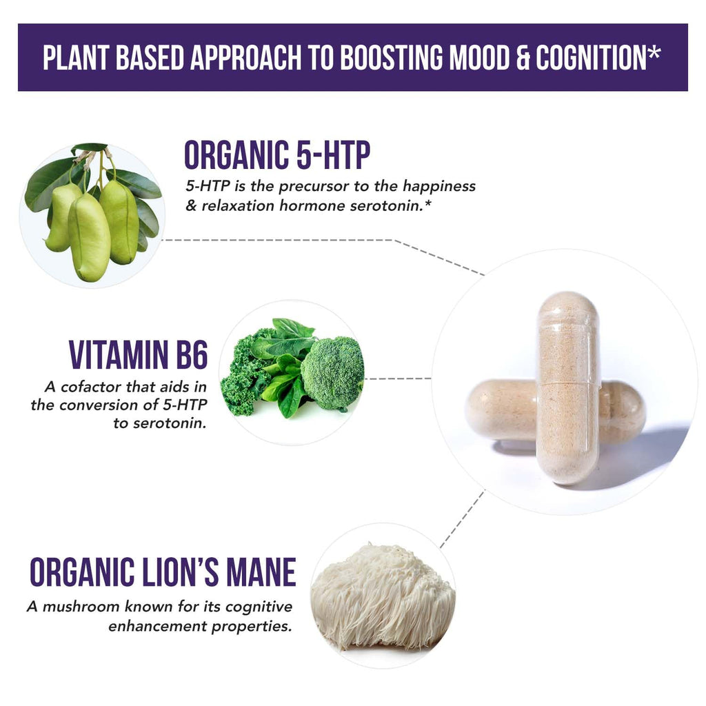Organic 5-HTP 200mg, 99% Purity, B6 & Lion's Mane – 60 Capsules