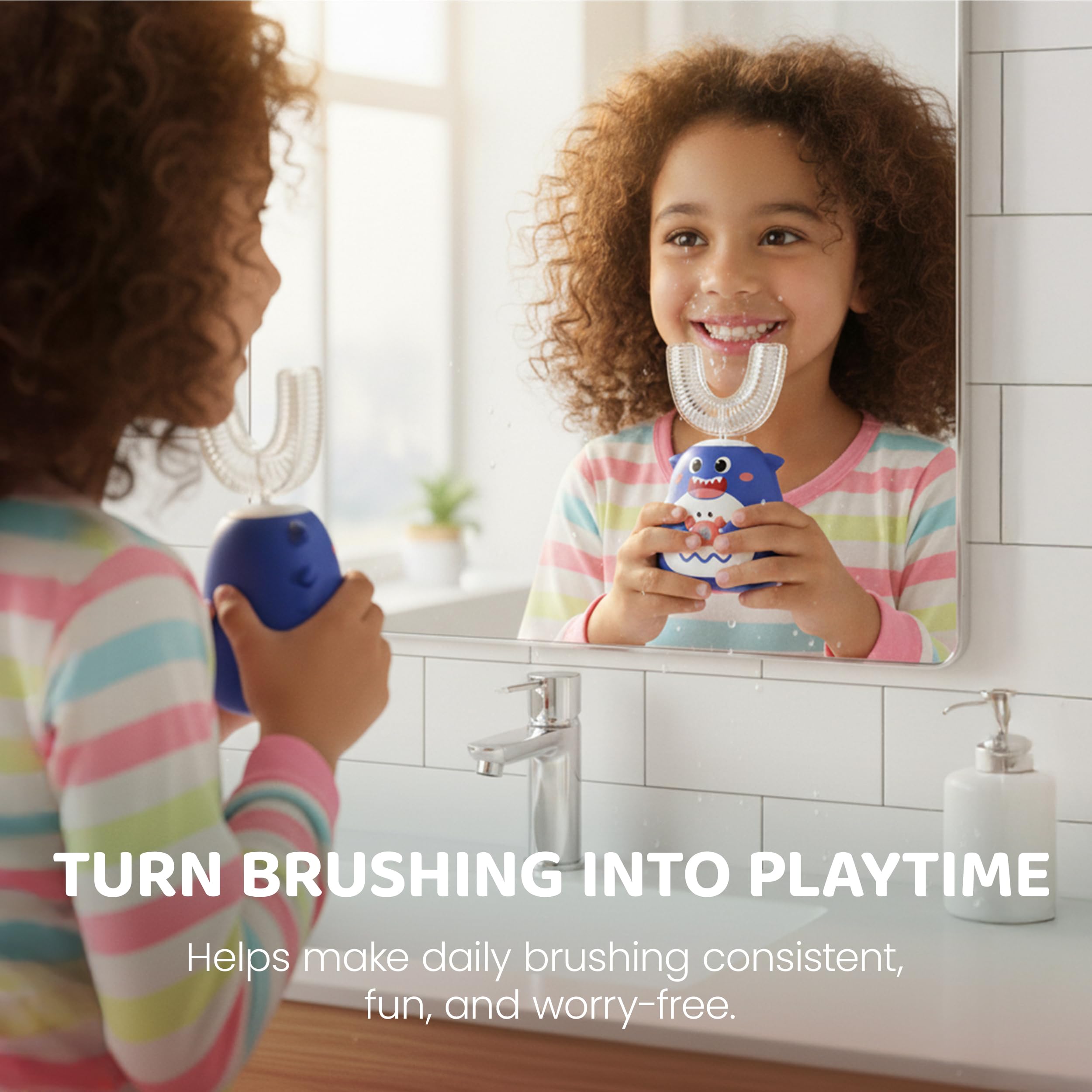 Well Before Ultrasonic Kid's U-Shaped Toothbrush – IPX7 Waterproof, 5 Cleaning Modes (Shark Blue, Ages 2-7)
