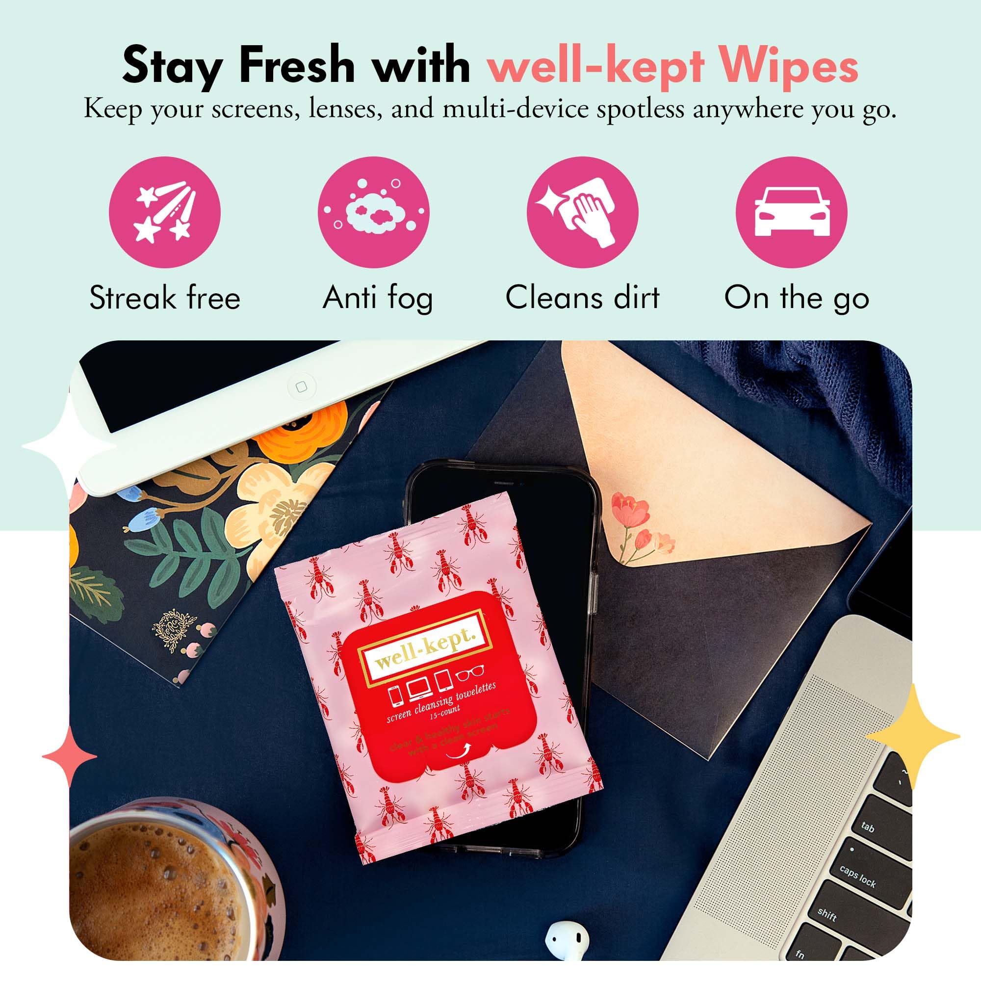 Well-Kept Tech & Lens Wipes – 6 Pack (90 Count) – Streak-Free Cleaning for Glasses, Screens & Devices | Lobsterfest