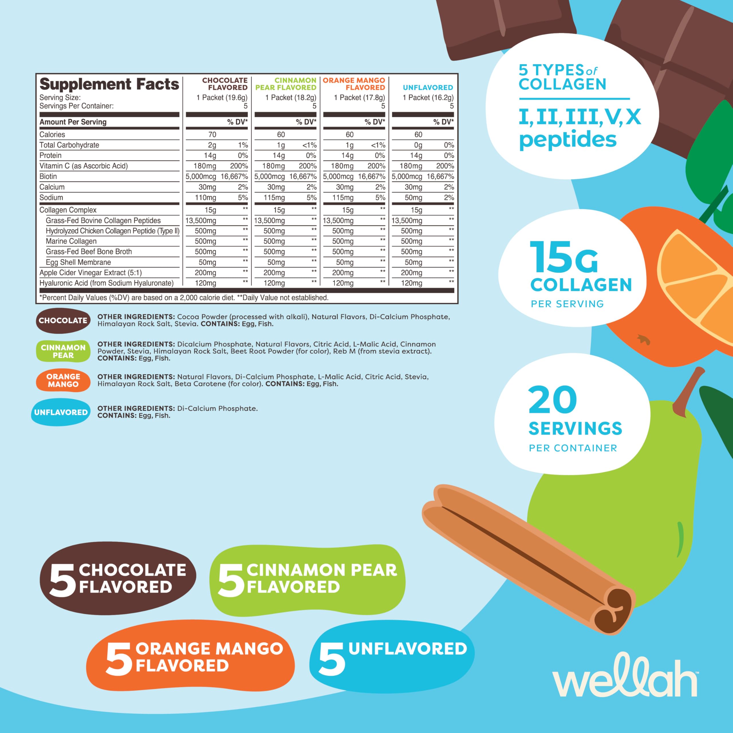 Wellah The Afterglow Multi Collagen Protein + Beauty (Variety Pack) 20 Stickpacks - 15G Collagen Complex Per Serving