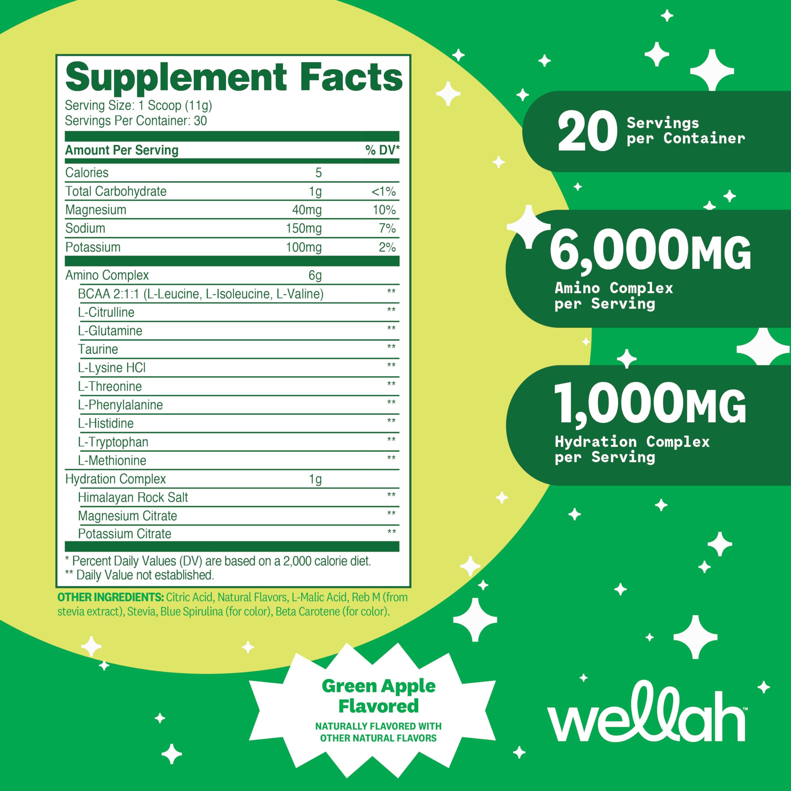 Wellah So Long Soreness BCAA Powder – Green Apple, 30 Servings, Hydration Complex