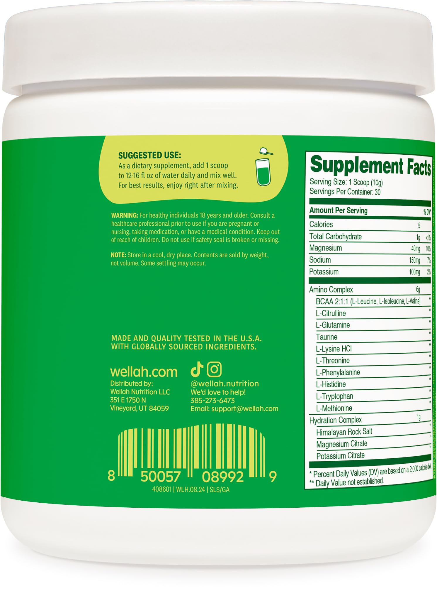 Wellah So Long Soreness BCAA Powder – Green Apple, 30 Servings, Hydration Complex