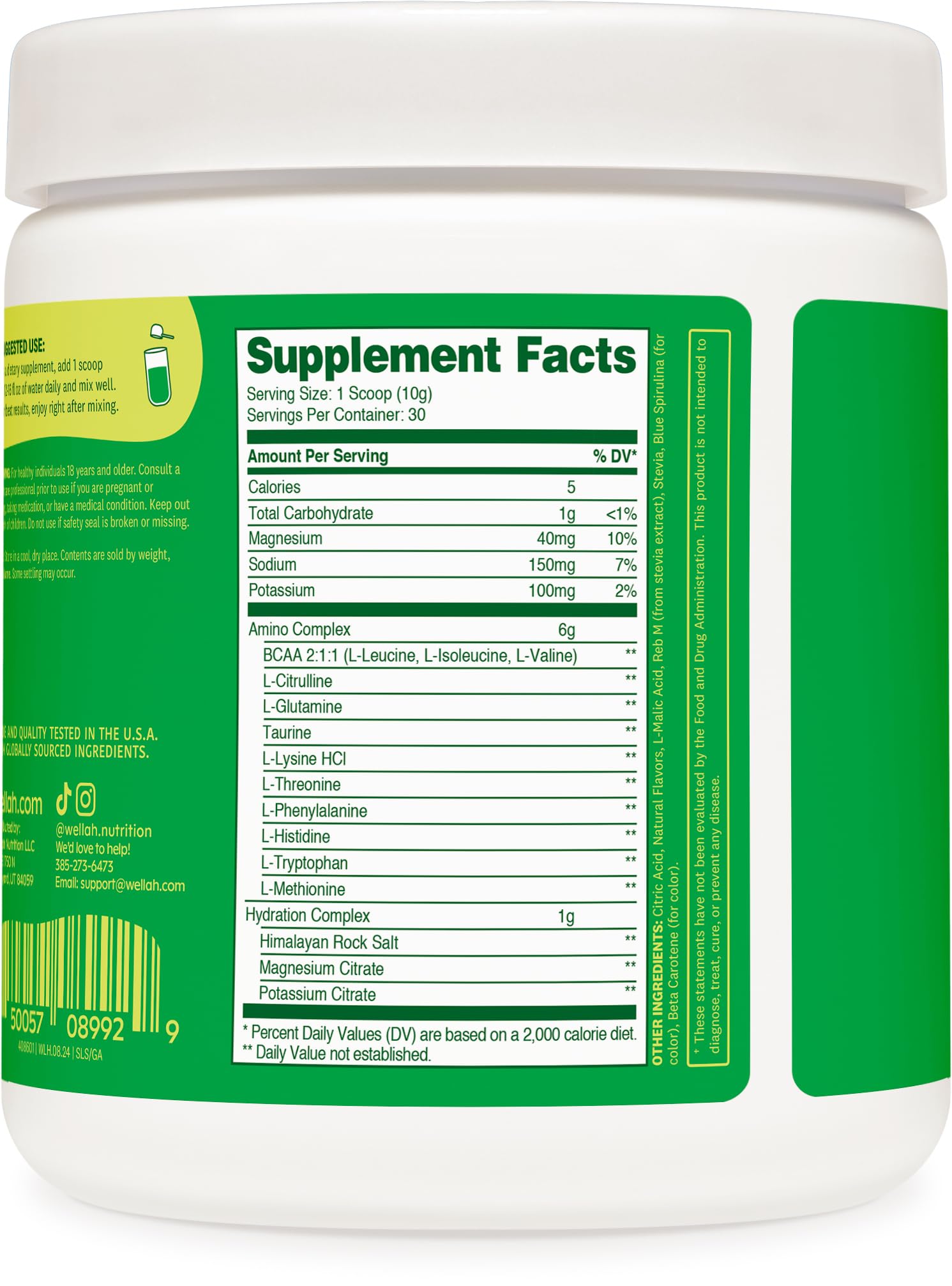 Wellah So Long Soreness BCAA Powder – Green Apple, 30 Servings, Hydration Complex