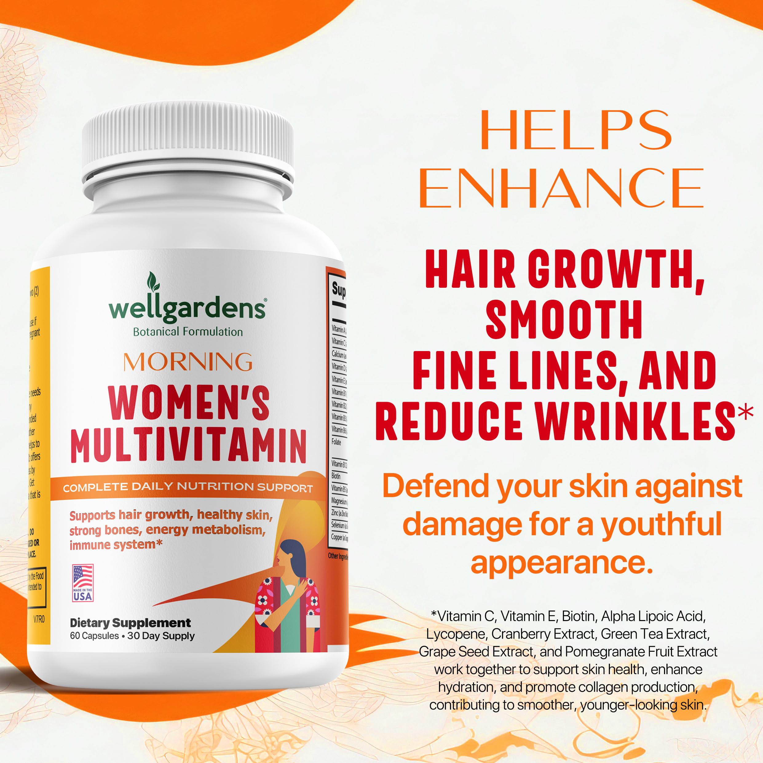 Wellgardens 100% Pure Women's Multivitamin – Hair Growth, Biotin & Zinc | Made in USA | 60 Caps