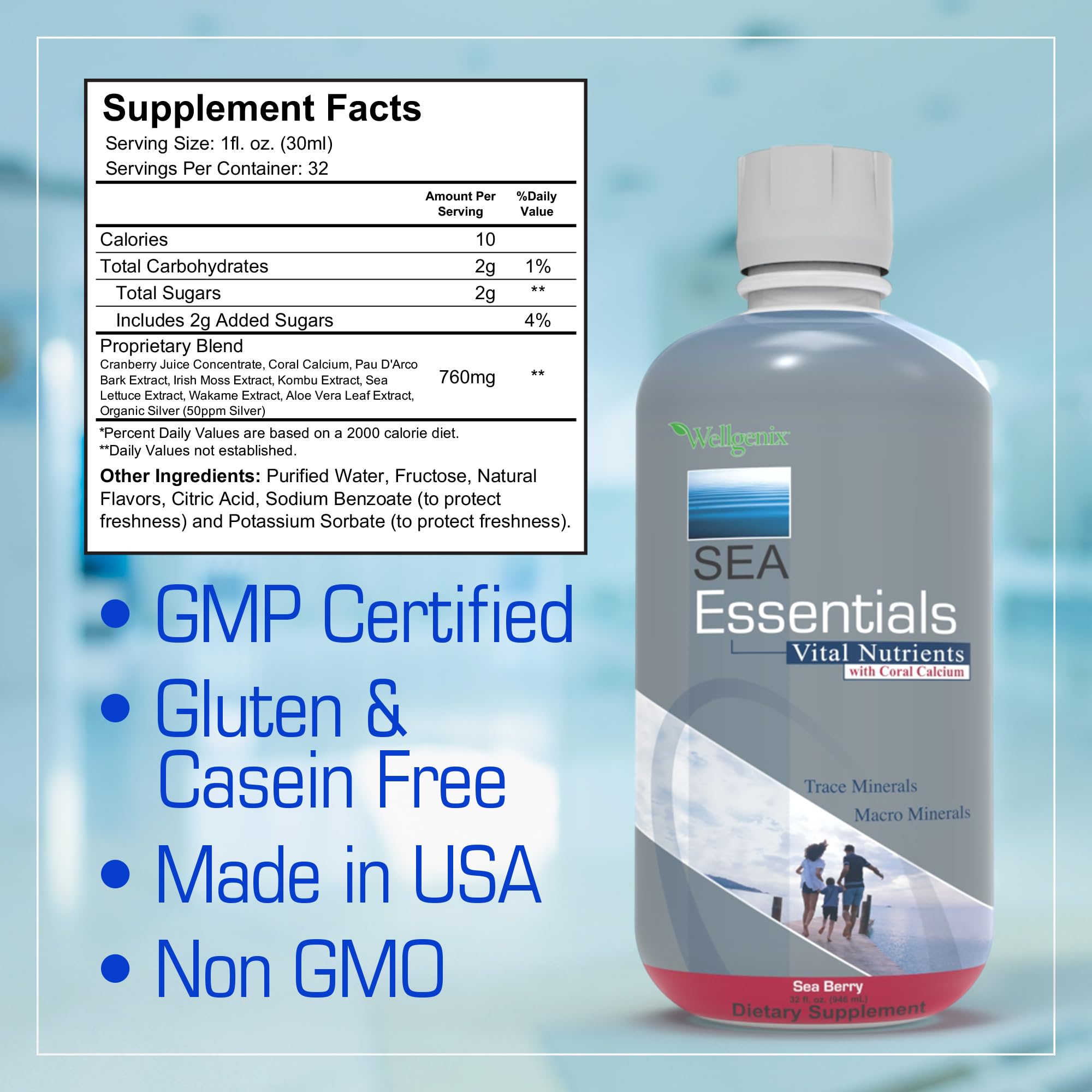Wellgenix Sea Essentials Liquid Multivitamin with Coral Calcium & Sea Minerals – Sea Berry Flavor (Pack of 2)