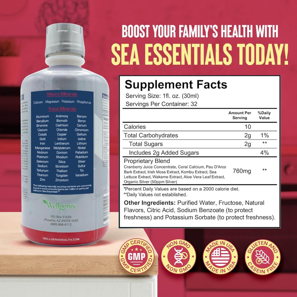 Wellgenix Sea Essentials Vital Nutrients – Coral Calcium Liquid Multivitamin, Sea Berry Flavor, 32oz