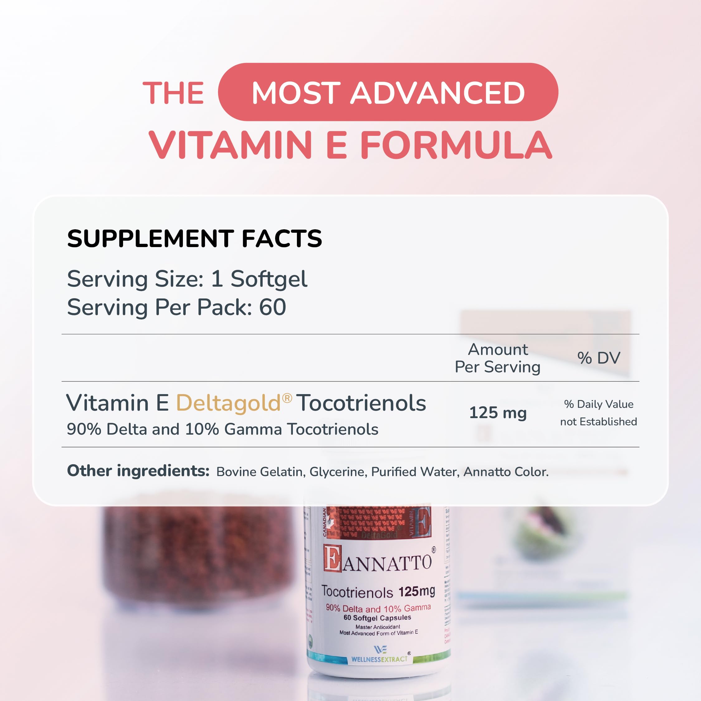 Wellness Extract Annatto Tocotrienols Vitamin E - Tocopherol-Free, Non-GMO, Gluten Free (125mg, 60 Softgels)