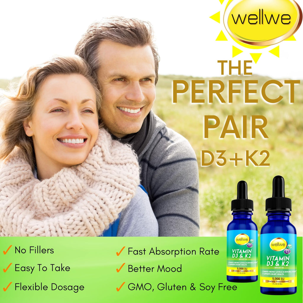 WellWe Vitamin D3 K2 Liquid Drops - 5000 IU | No Taste, Non-GMO, 1 fl oz