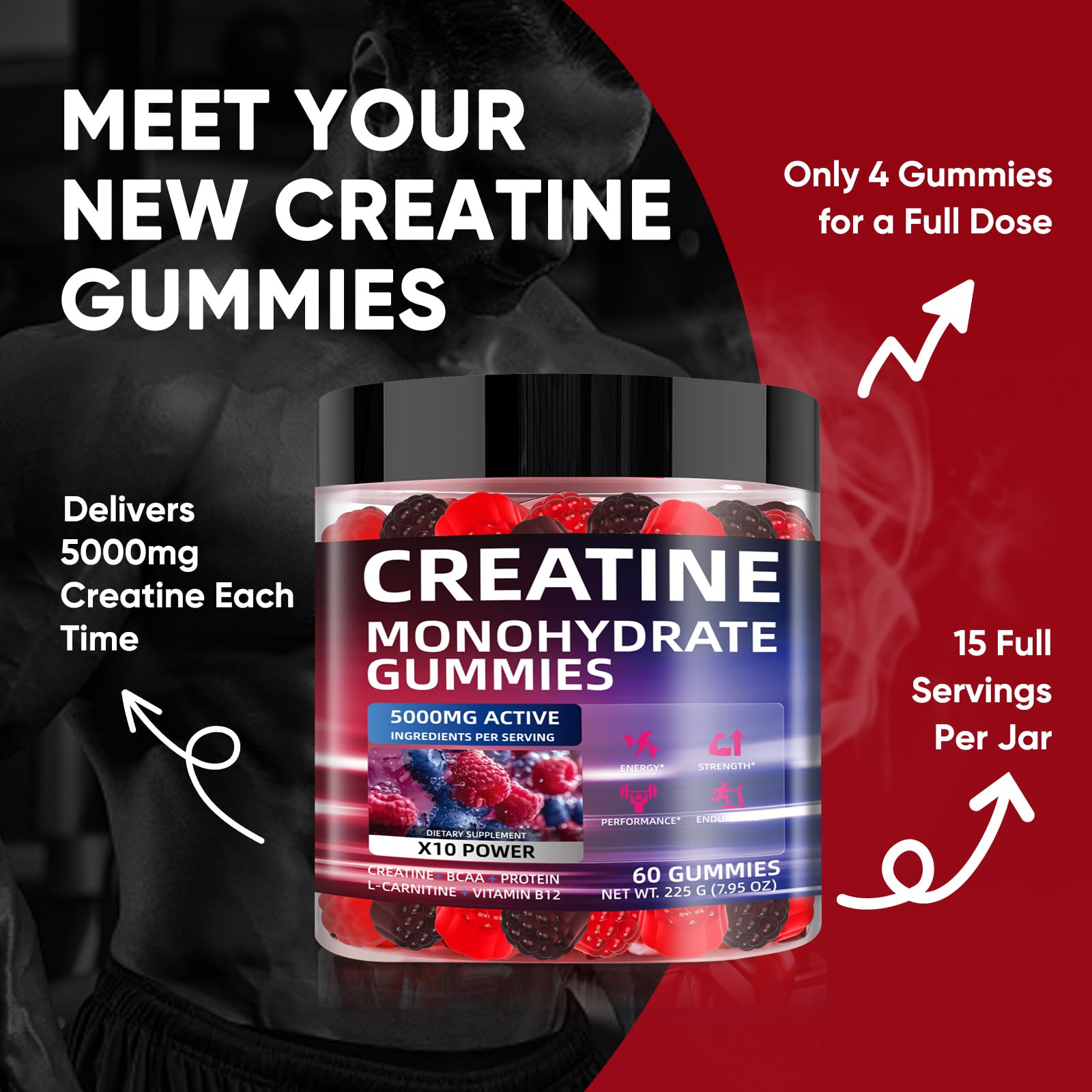 WEVYHFS Sports Creatine Gummies 60 Chews – Sugar-Free Vegan, BCAA, L-Carnitine, Taurine & B12