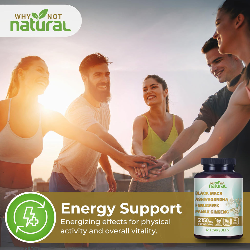 Why Not Natural 4-in-1 Organic Black Maca Root, Ashwagandha, Fenugreek, Panax Ginseng Capsules, Supplement for Men and Women