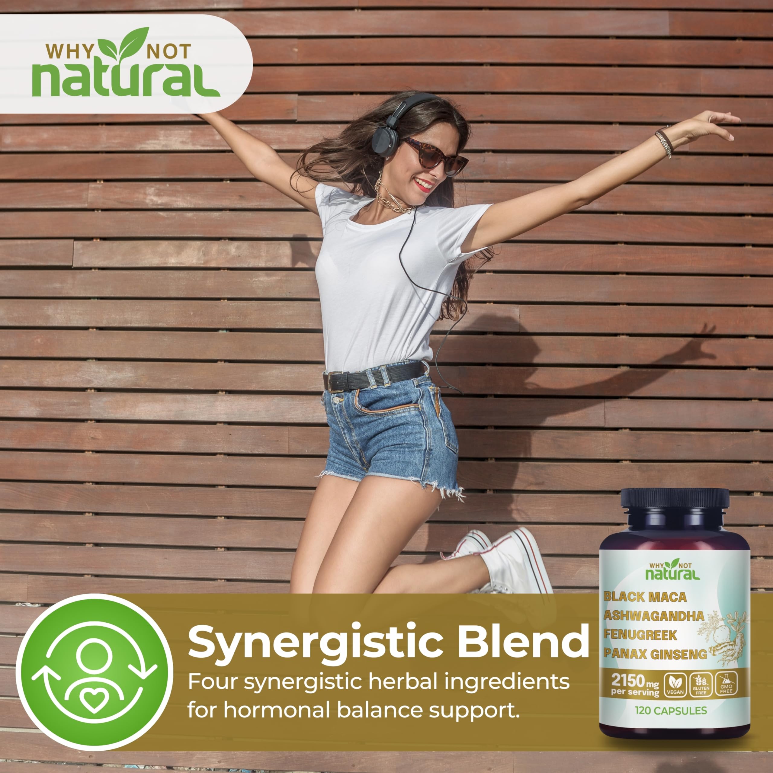Why Not Natural 4-in-1 Organic Black Maca Root, Ashwagandha, Fenugreek, Panax Ginseng Capsules, Supplement for Men and Women