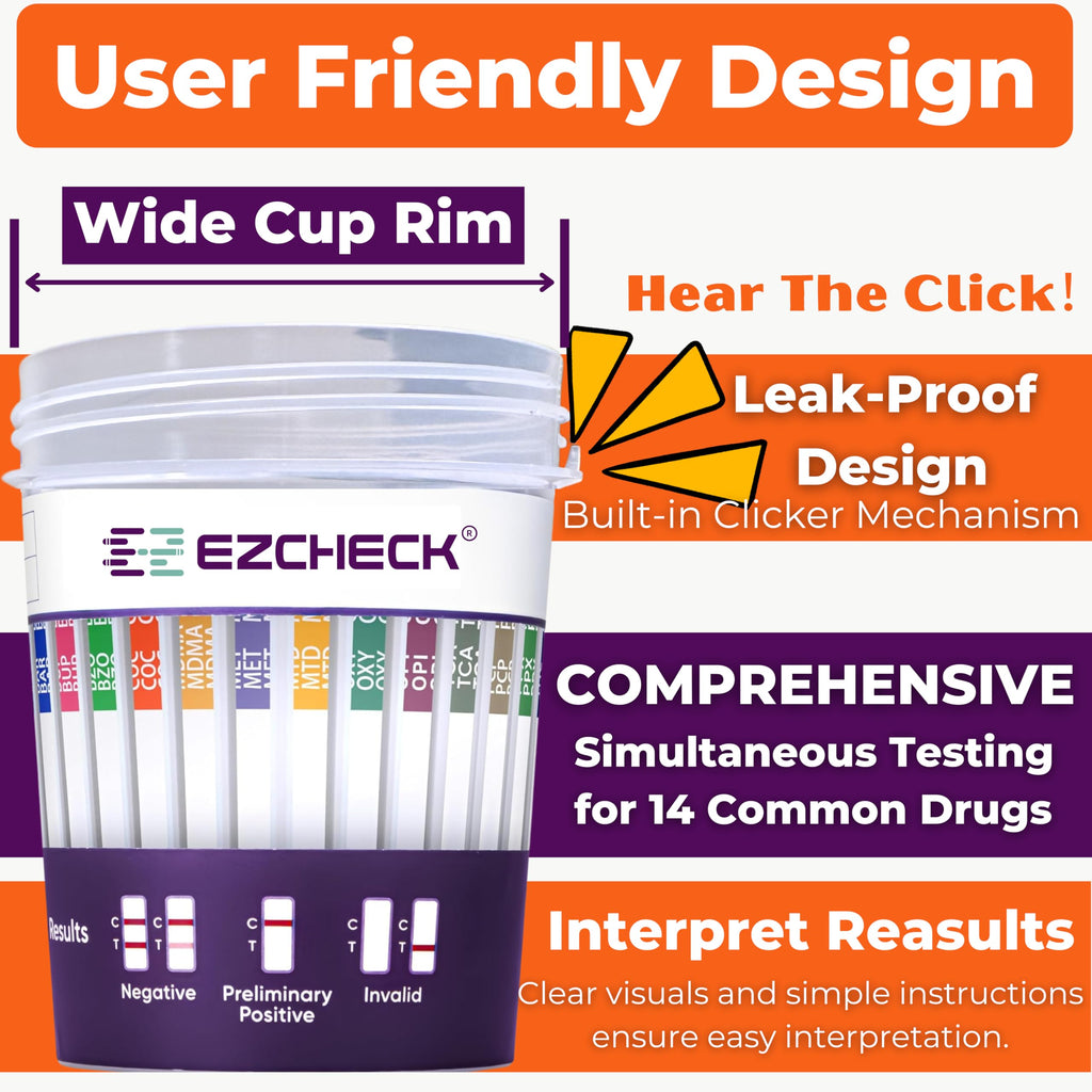 5 Test Cups 14-Panel EZCHECK Urine Test Cup – At-Home Drug Test, 14 Substances, 5-Min Results