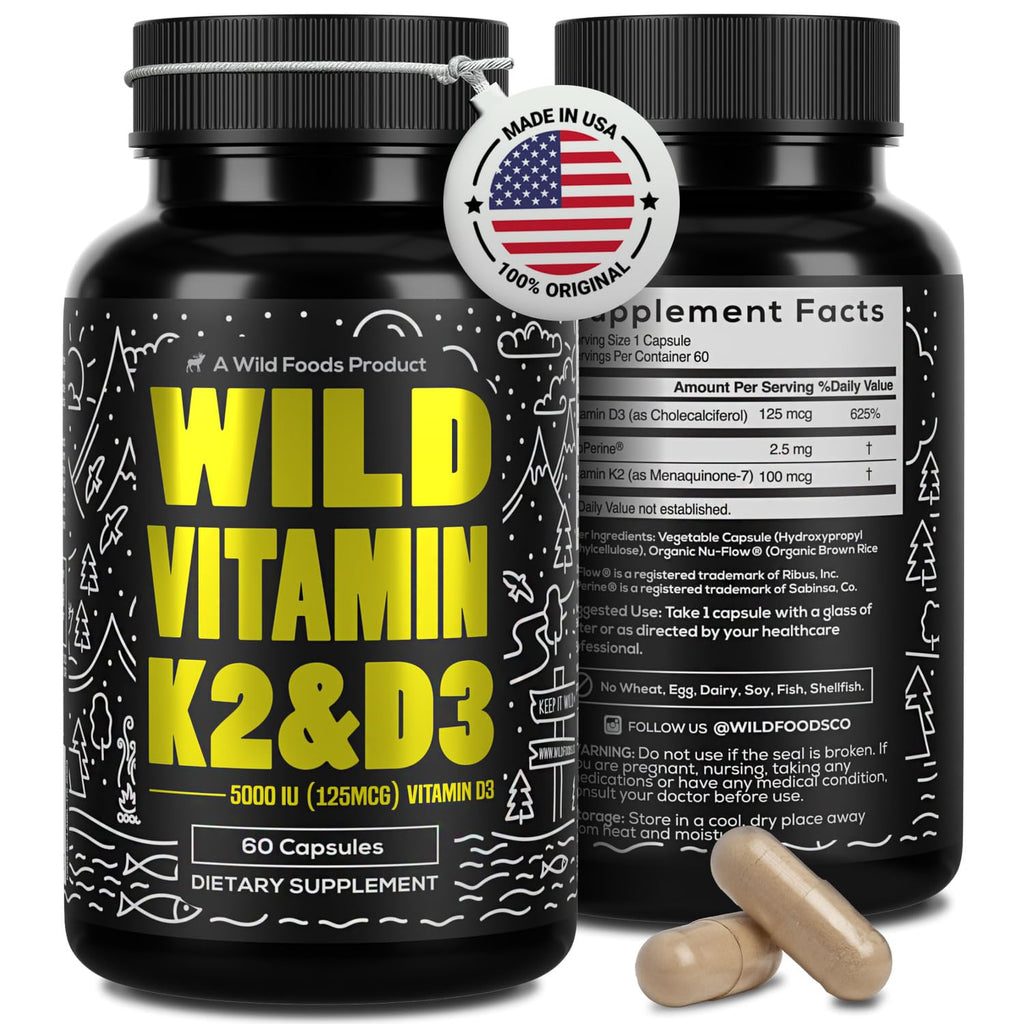 Wild Foods Vitamin D3 5000 IU + K2 MK-7 with Black Pepper - Plant-Based, Non-GMO, 60 Capsules | Made in USA