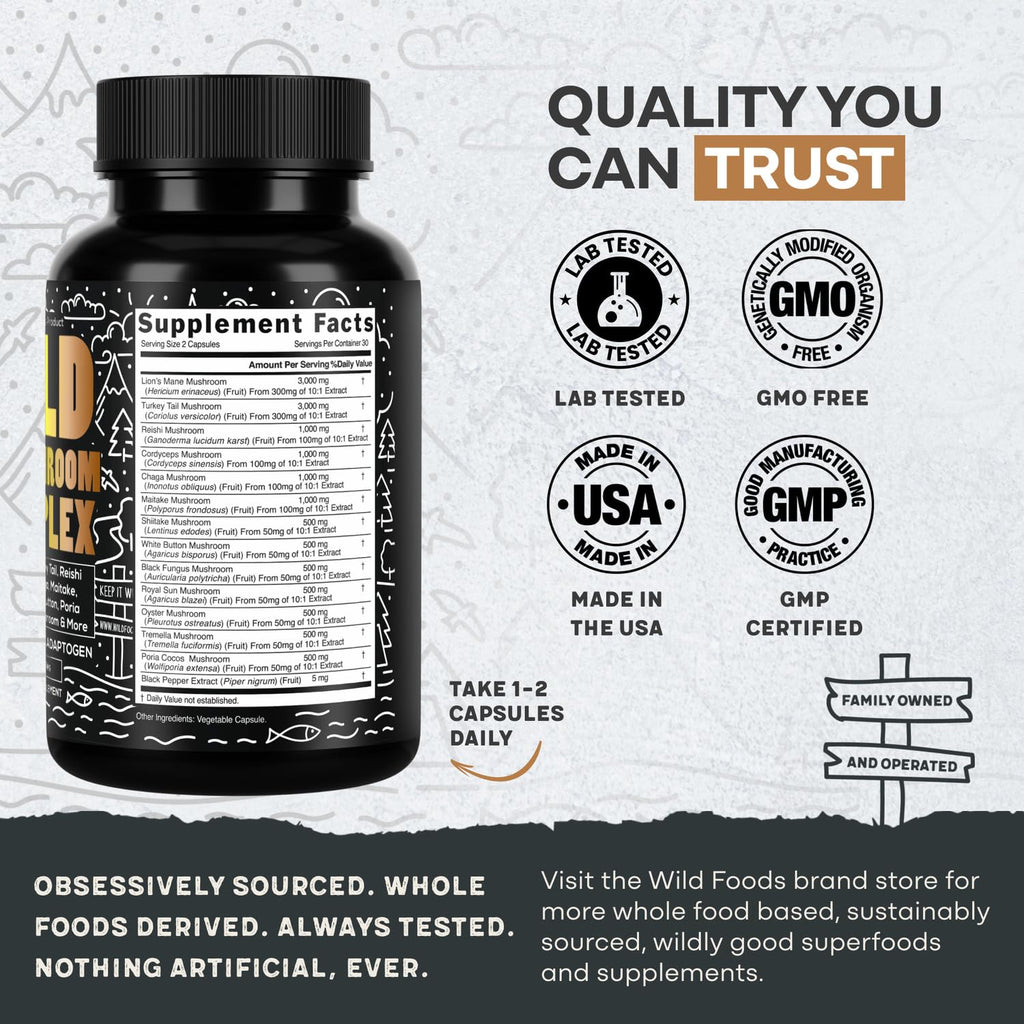 Wild Foods Premium Mushroom Supplement Complex (Pack of 2) – 13 Organic Mushrooms (Lions Mane, Reishi & More)