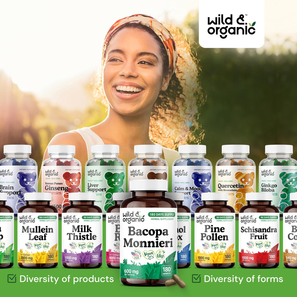 Wild & Organic Bacopa Monnieri 600 mg Capsules | Brain Support - Vegan, Non-GMO - 180 Count