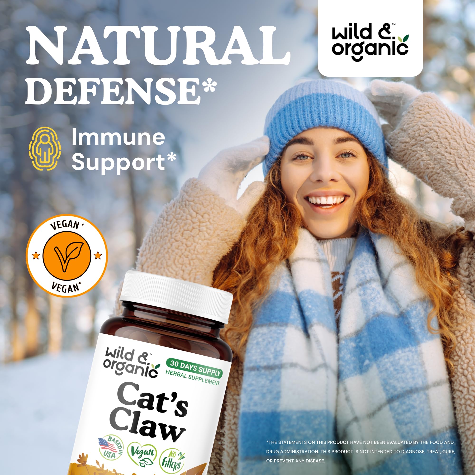 Wild & Organic Cat's Claw 1000 mg - Immune Support | Vegan, Non-GMO | 60 Count