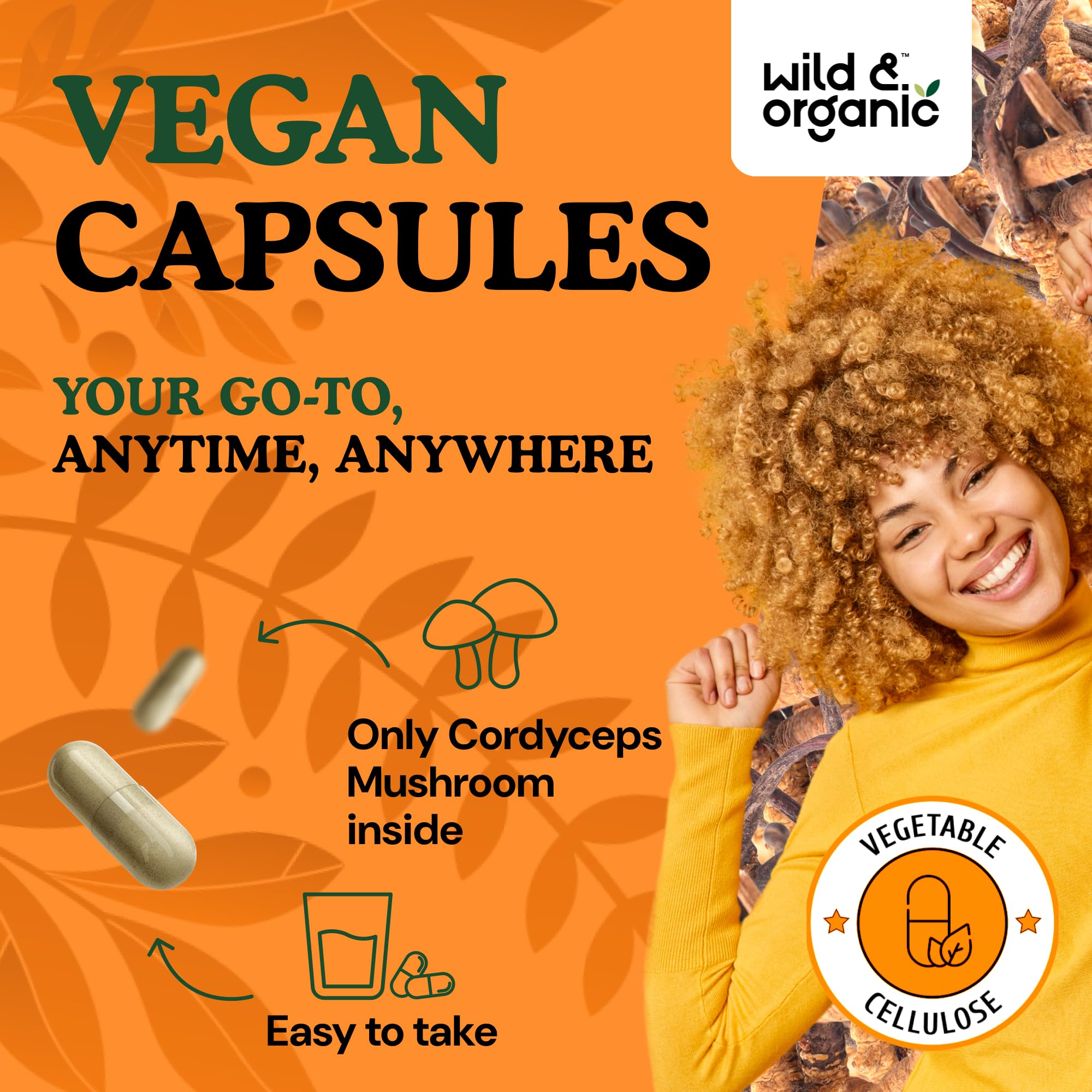 Wild & Organic Cordyceps Capsules 1200 mg – Immune Support, Pure Mycelium Extract, Vegan, Non-GMO | 180 Count