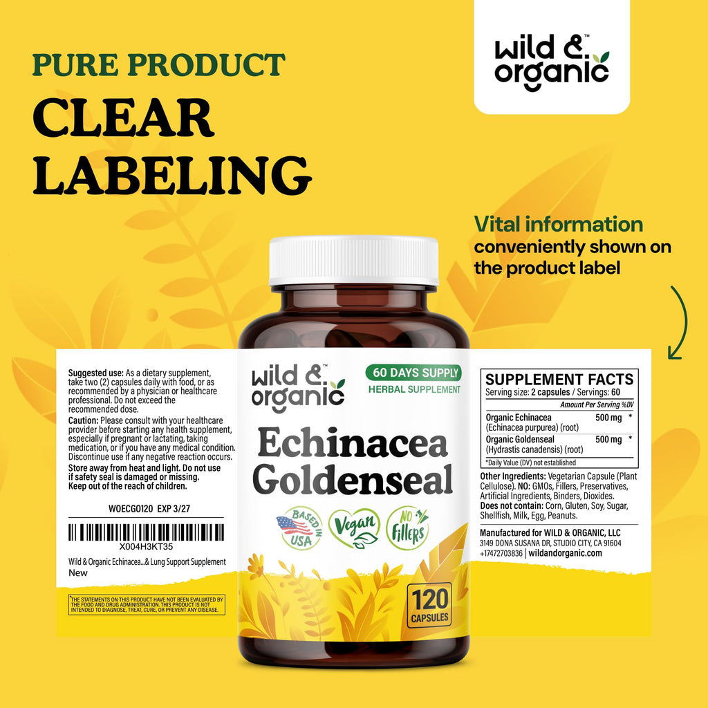 Wild & Organic Echinacea Goldenseal Capsules - Immune & Lung Support - 120 Count - Vegan, Non-GMO