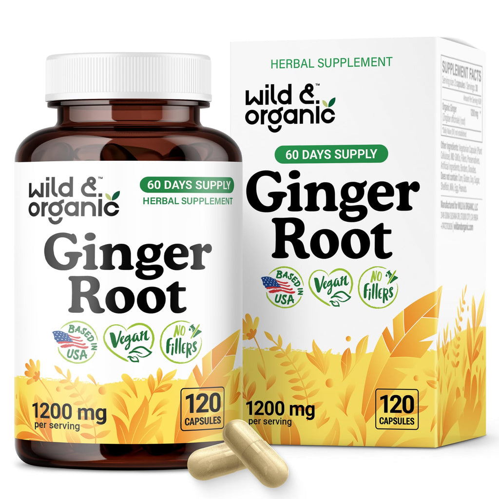 Wild & Organic Ginger Root Capsules 1200 mg – Immune & Digestive Support | 60-Day Supply | Vegan, Non-GMO