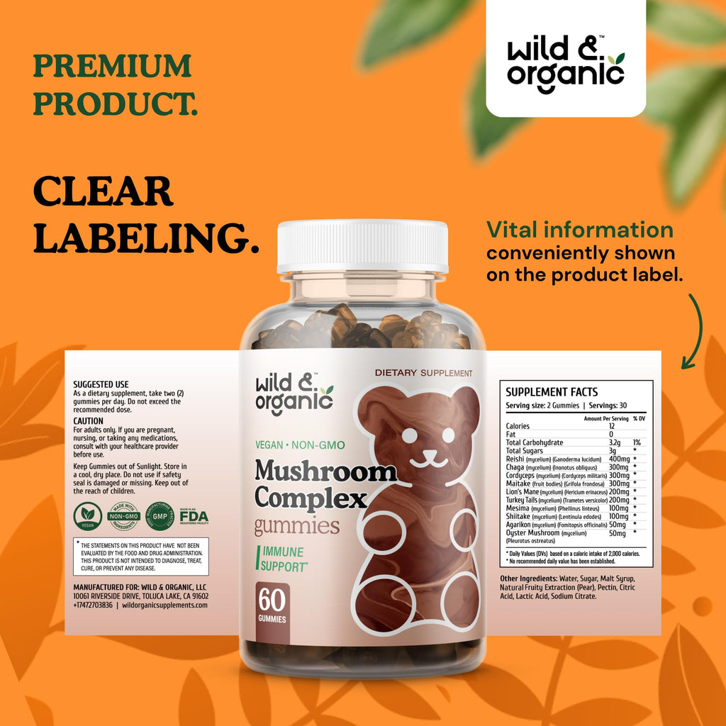 Wild & Organic Mushroom Gummies – 10-Mushroom Complex, Immune & Brain Support (60 Count Pack of 2)