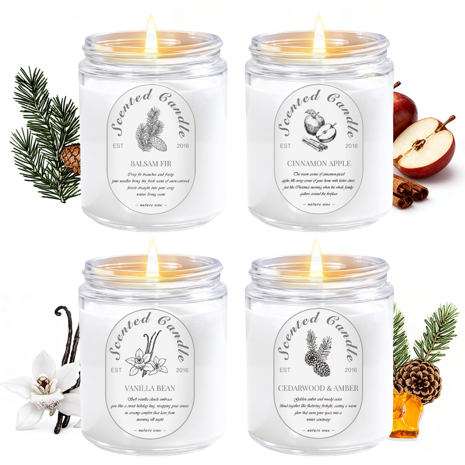 Winter Candle Gift Set - 4 Pack 7oz Soy Candles (28oz Total) | Cinnamon Apple, Balsam Fir, Vanilla Bean, Cedarwood & Amber