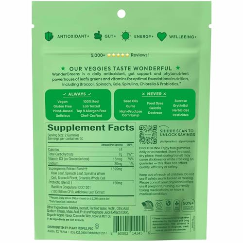 WonderGreens Veggie Gummies with Probiotics & Multivitamins – Green Apple, 60 Count