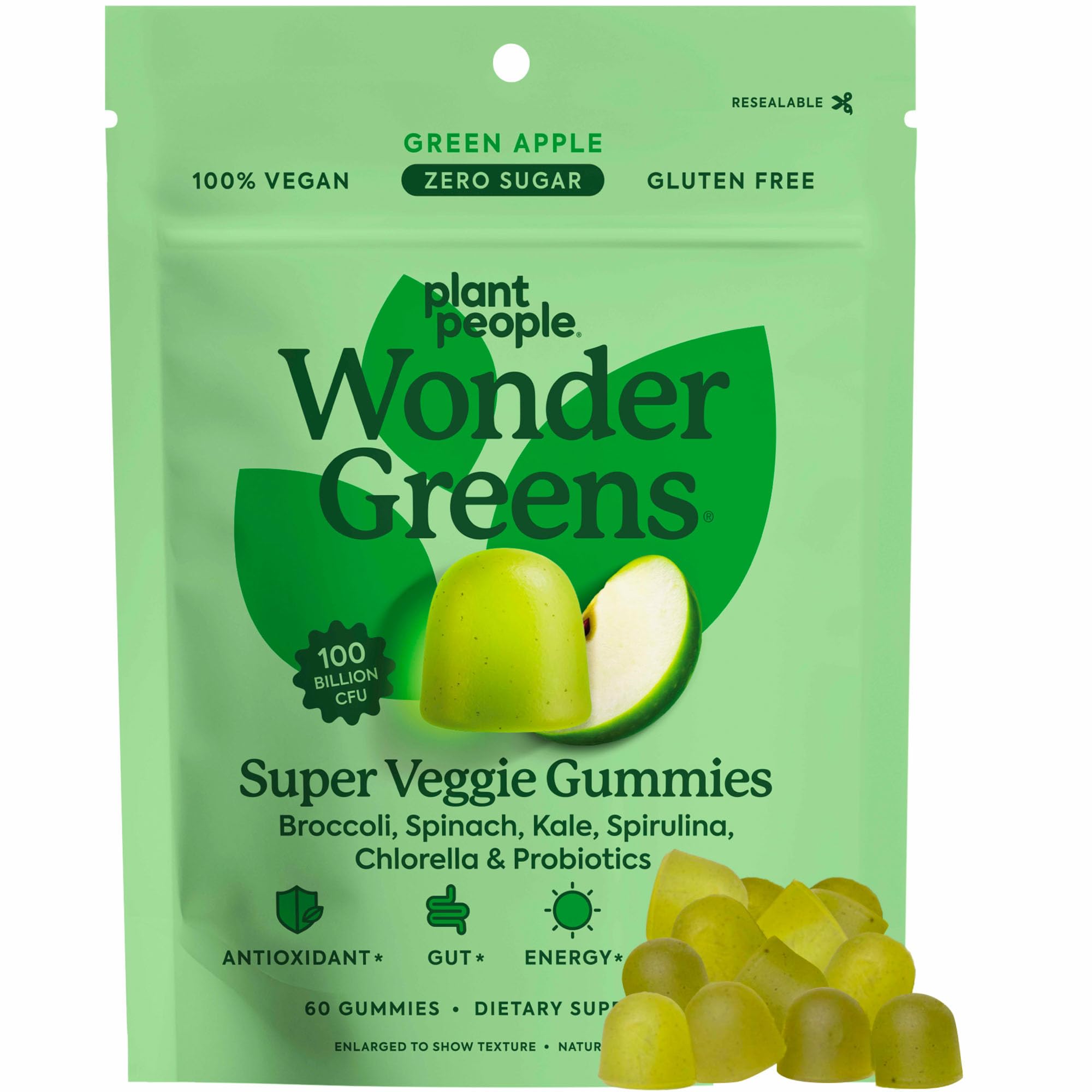 WonderGreens Veggie Gummies with Probiotics & Multivitamins – Green Apple, 60 Count