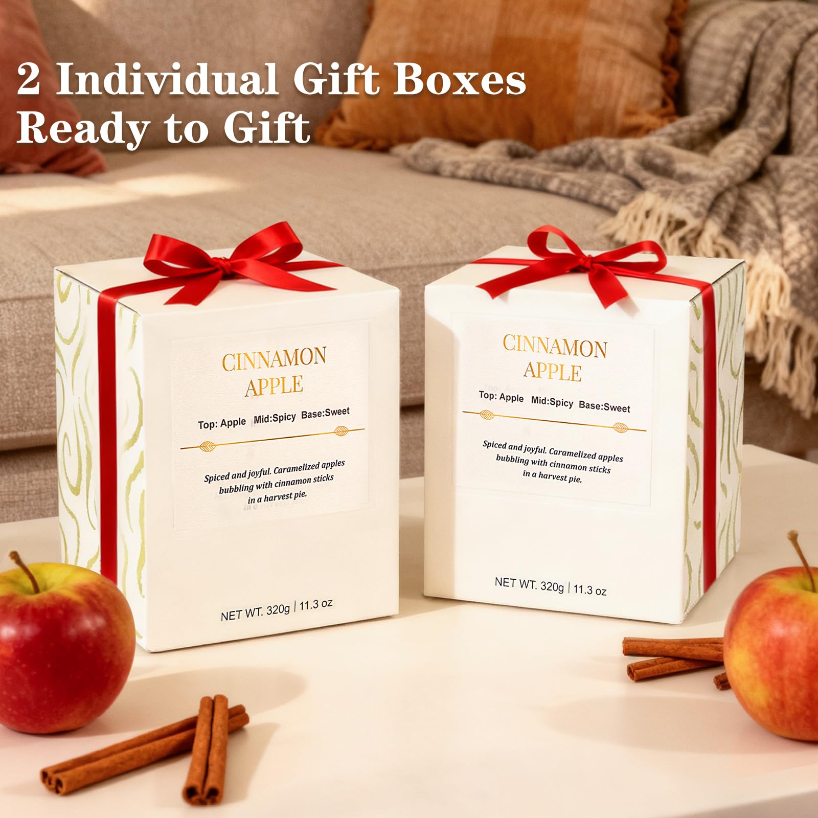 Holiday Candle Gift Set – 2-Pack Cinnamon Apple Wood Wick Soy Candles | Gift Boxes
