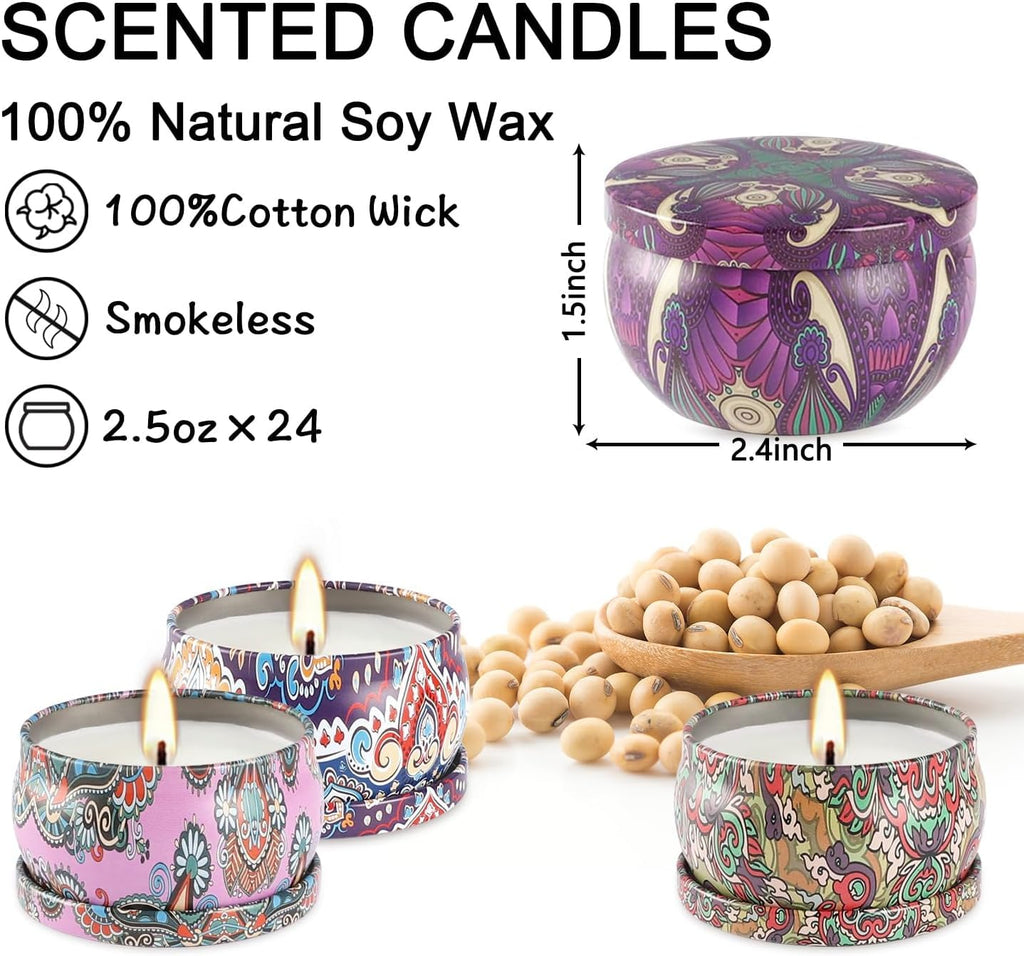 WPONSZU 24-Pack Scented Candles Gift Set - Soy Wax Travel Tin Jars 2.5 oz