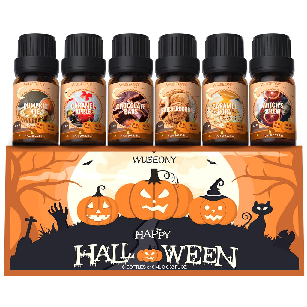 WUSEONY Halloween Fragrance Oils Set – Pumpkin Pie, Caramel Apple, Chocolate Bars, Snickerdoodle, Caramel Corn, Witch's Brew