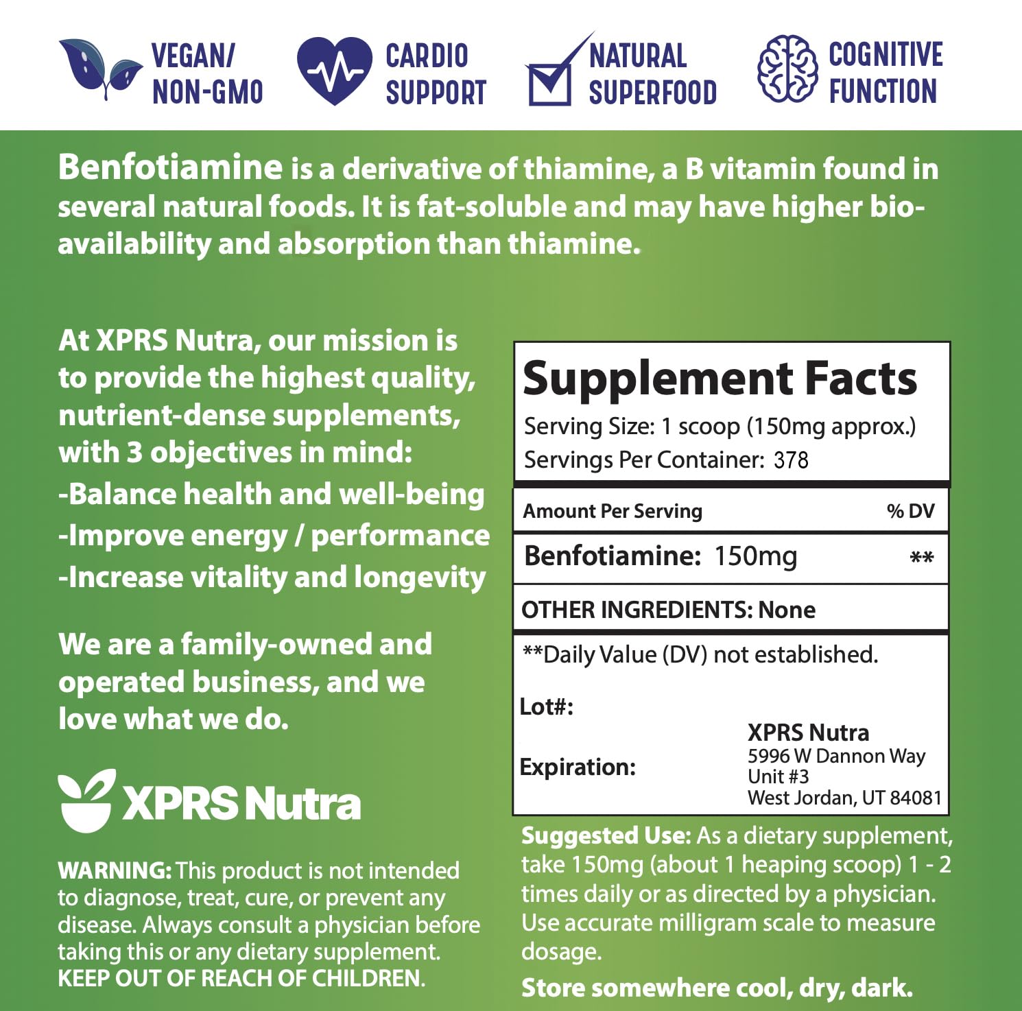 XPRS Nutra Benfotiamine (Thiamine) – Fat-Soluble B1 for Cognitive Health, Vegan, 2 Oz