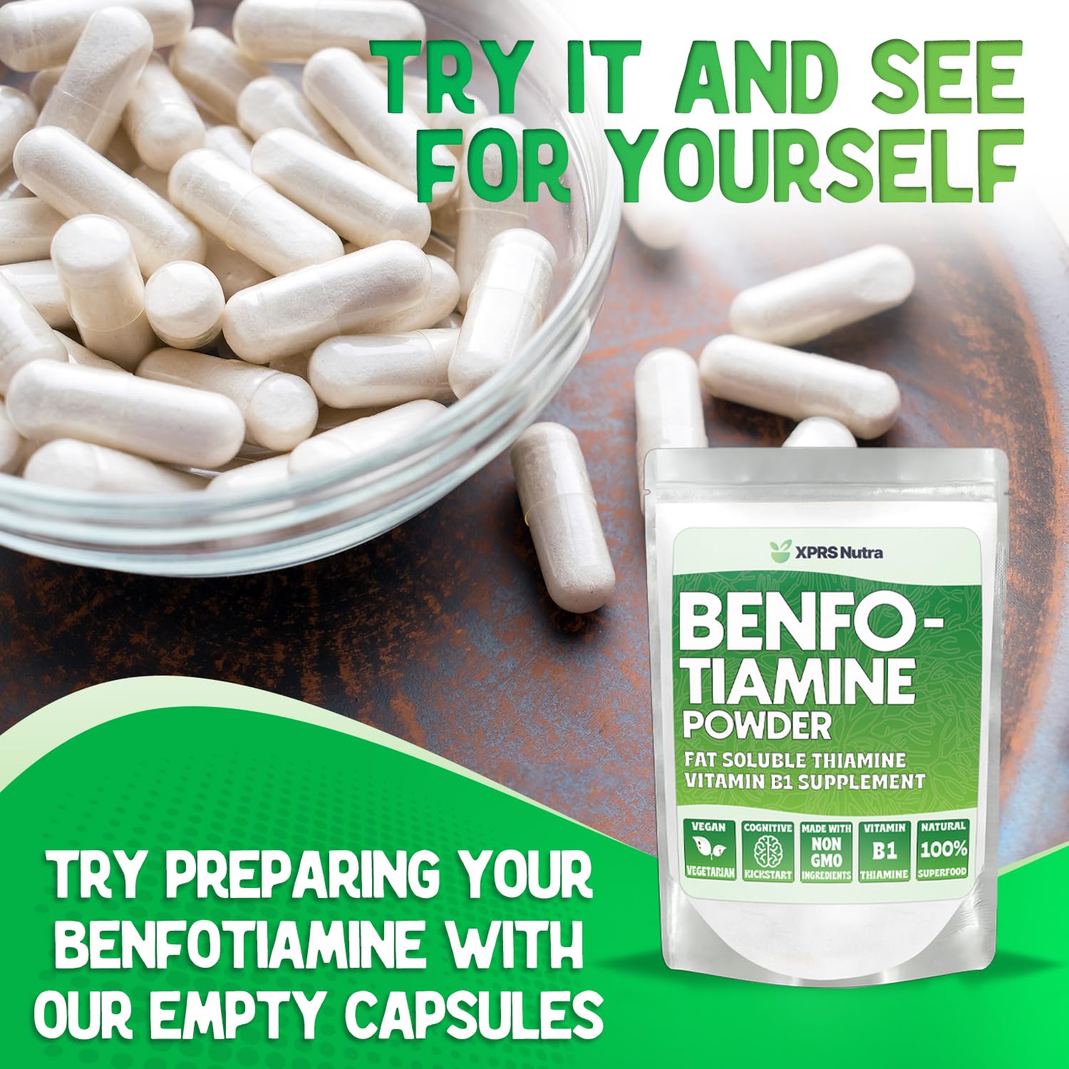 XPRS Nutra Benfotiamine Powder (Thiamine) - Fat Soluble Happy Heart Thiamine Supplement - Advanced Vitamin B1 Benfotiamine for a Cognitive Boost - Vegan Friendly Benfotamine Powder (1 Ounce)