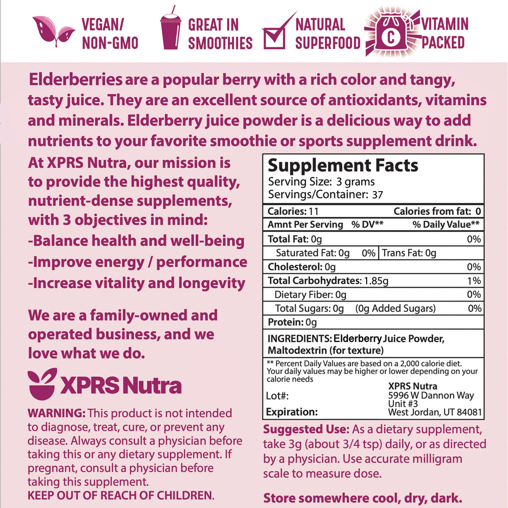 XPRS Nutra Elderberry Juice Powder - Organic Elderberry Powder, Vitamins A & C (4 oz)