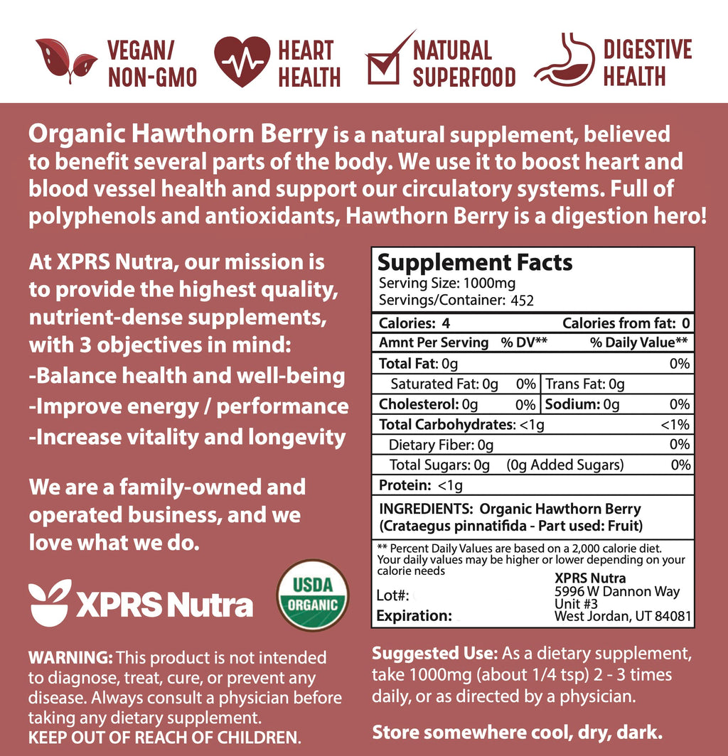 XPRS Nutra Organic Hawthorn Berry Powder – Premium USDA Organic Hawthorn for Cardiovascular Support – Vegan (16 oz)