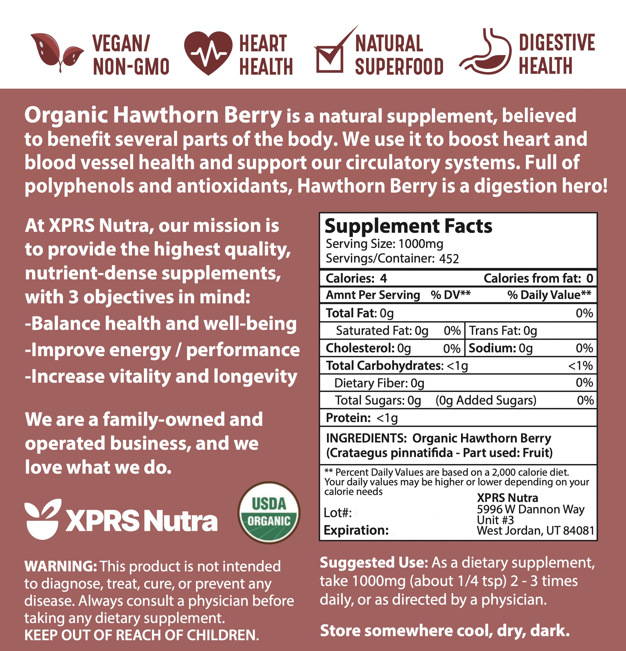 XPRS Nutra Organic Hawthorn Berry Powder – Premium USDA Organic Hawthorn for Cardiovascular Support – Vegan (16 oz)