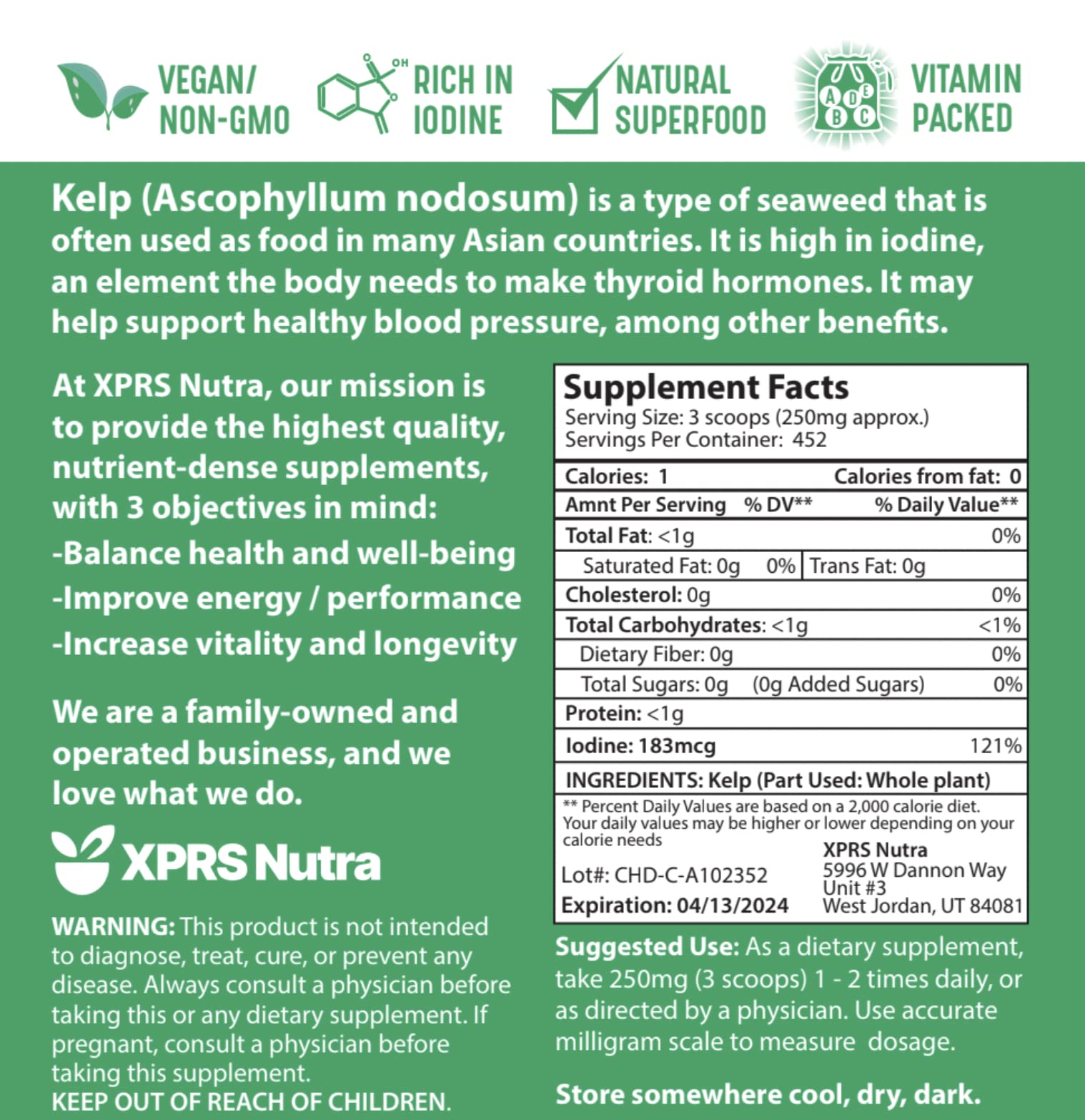XPRS Nutra Organic Kelp Powder (Ascophyllum Nodosum) – Seaweed Powder with Iodine, Vitamins & Minerals | 4 oz
